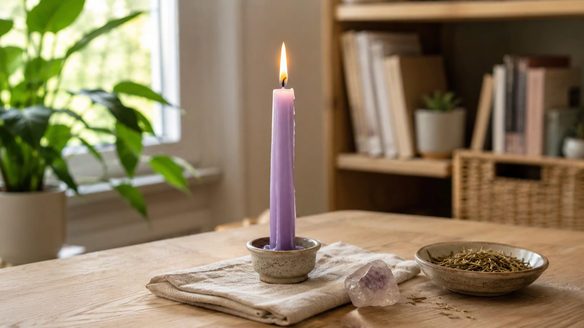 Chime candle magic ritual for focused workings with crystal, herbs and linen on a home desk.