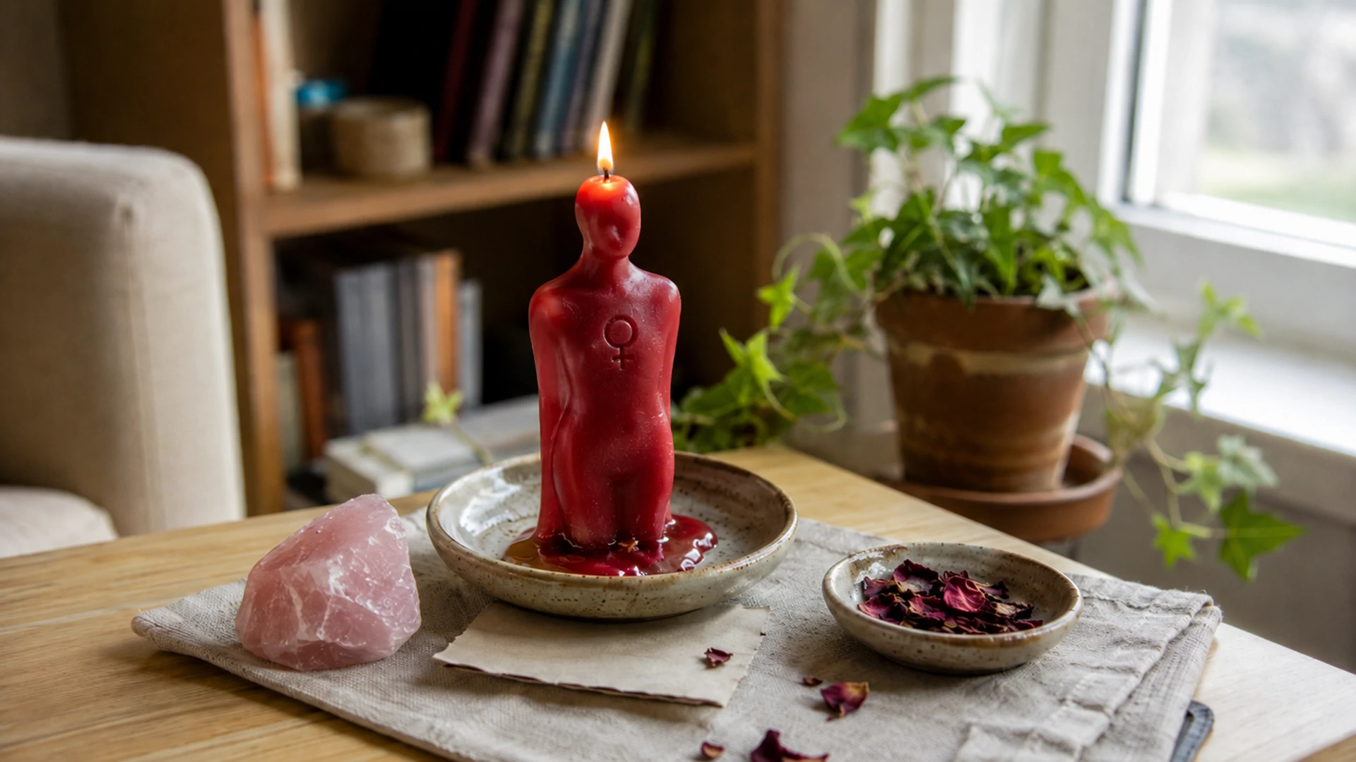 Figural candle magic ritual for sympathetic work burning on a home living room altar.