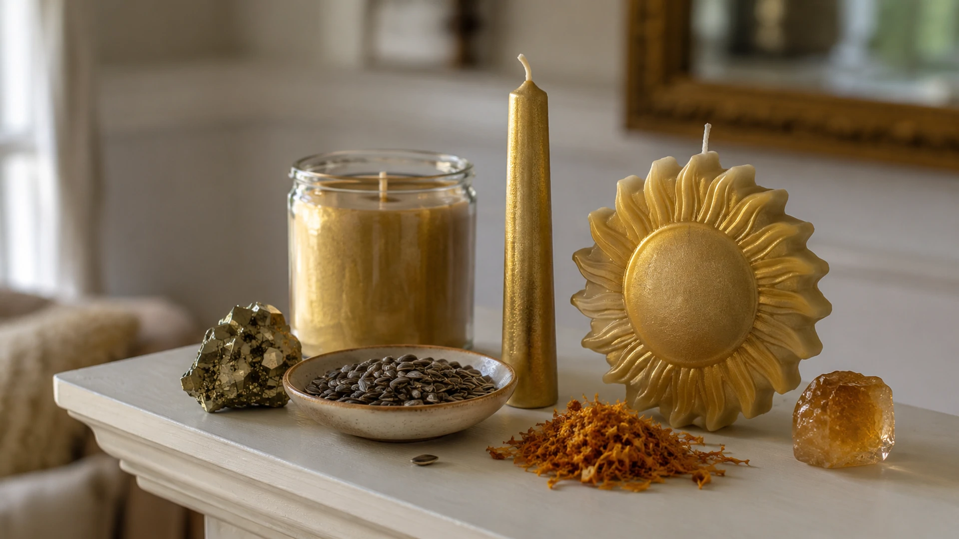 Unlit gold candles with pyrite, golden topaz, marigold, and sunflower seeds for gold candle magic