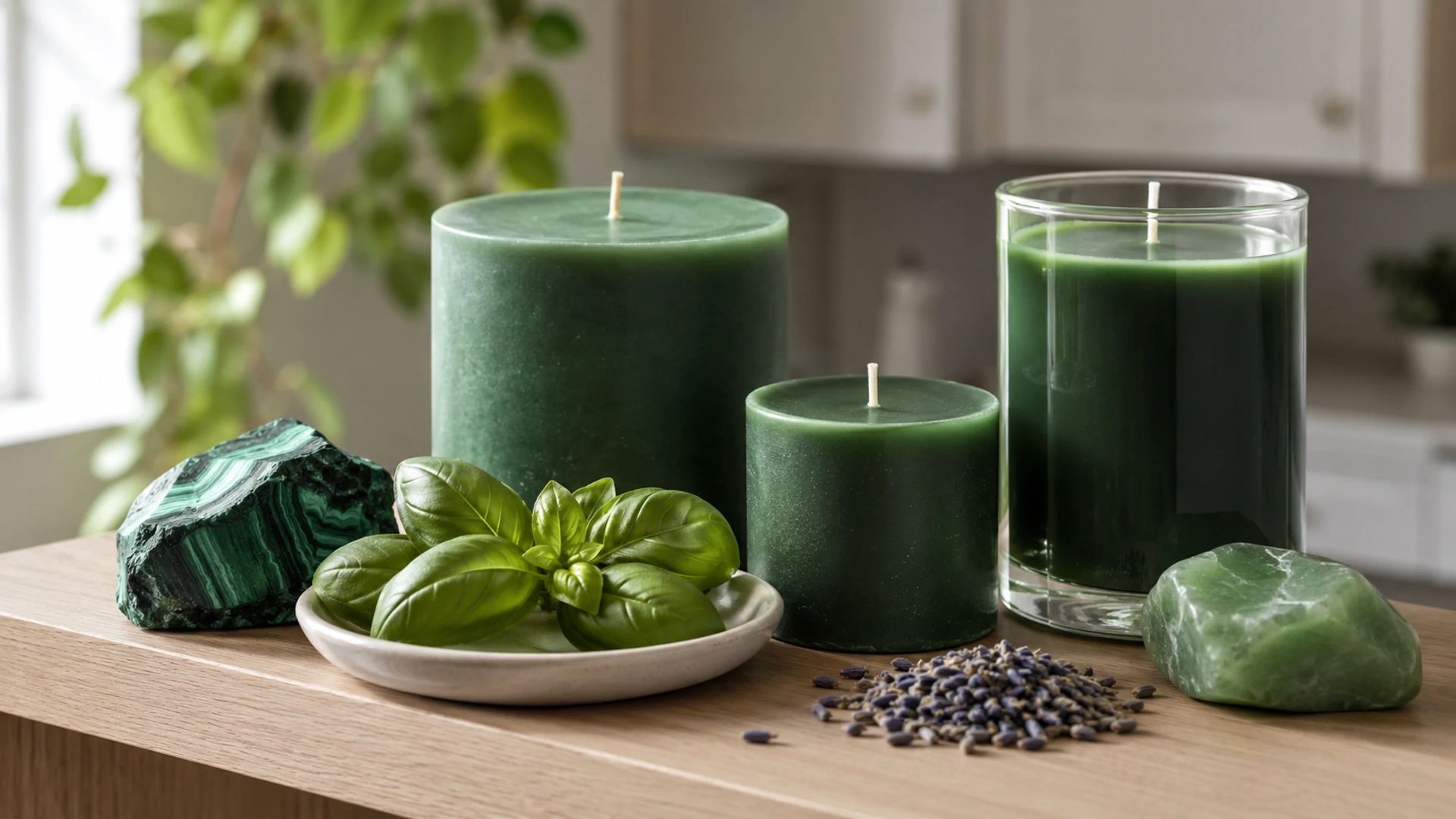 Unlit green candles with malachite, jade, basil, and lavender for green candle magic