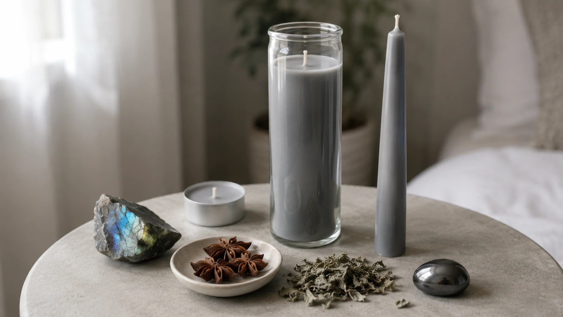 Unlit grey candles with labradorite, hematite, mugwort, and star anise for grey candle magic