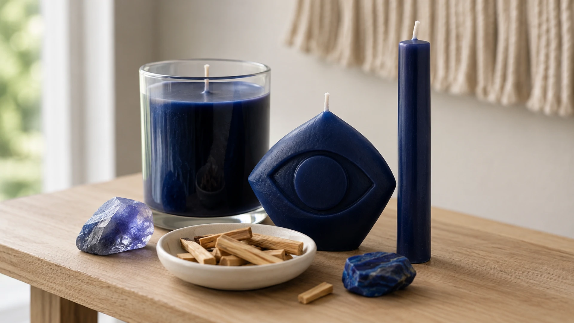 Unlit indigo candles with tanzanite, azurite, and sandalwood for indigo candle magic