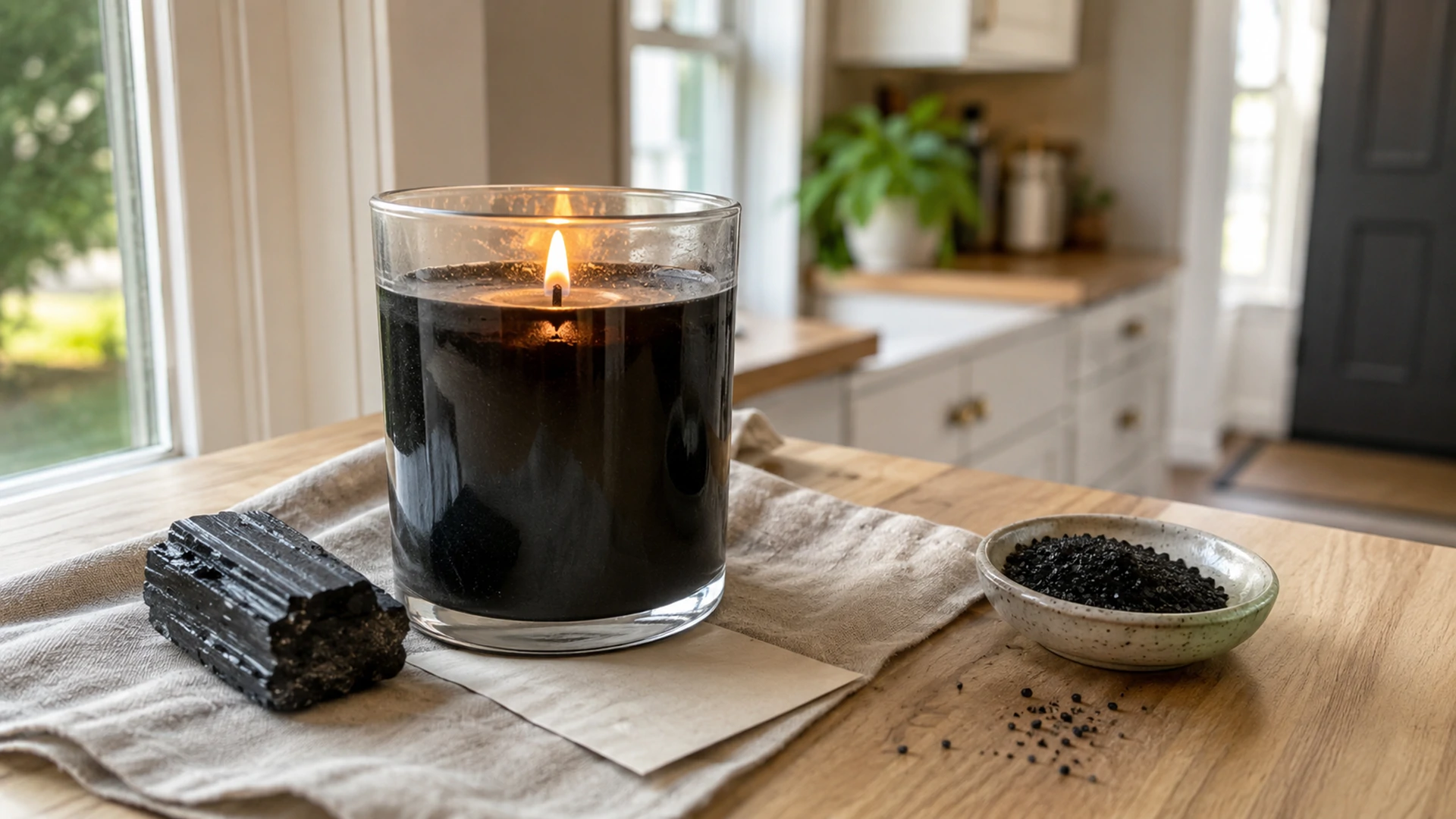 Jar candle magic protection ritual burning in a glass vessel on a home kitchen counter.