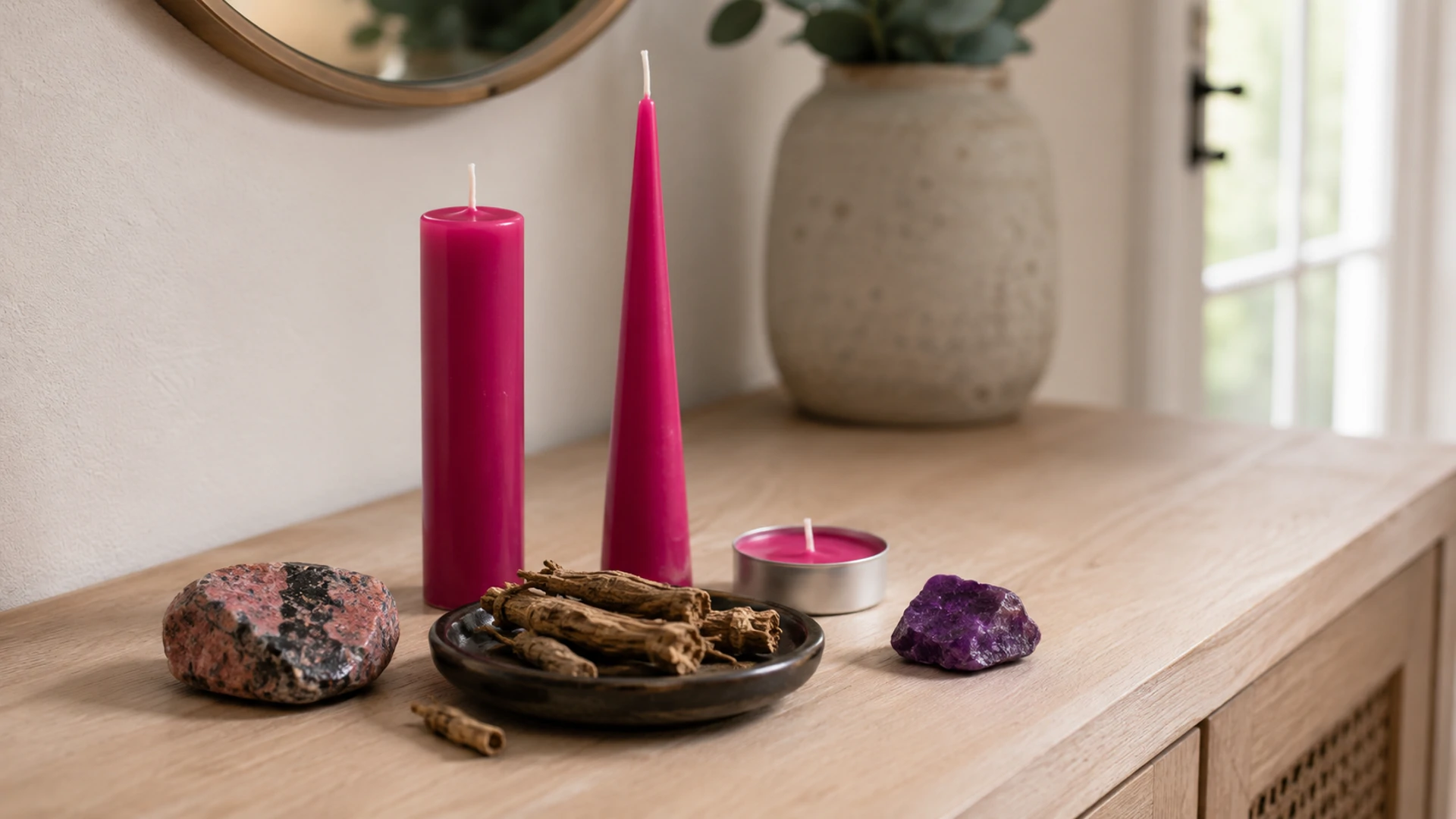 Unlit magenta candles with rhodonite, sugilite, and High John the Conqueror root for magenta candle magic