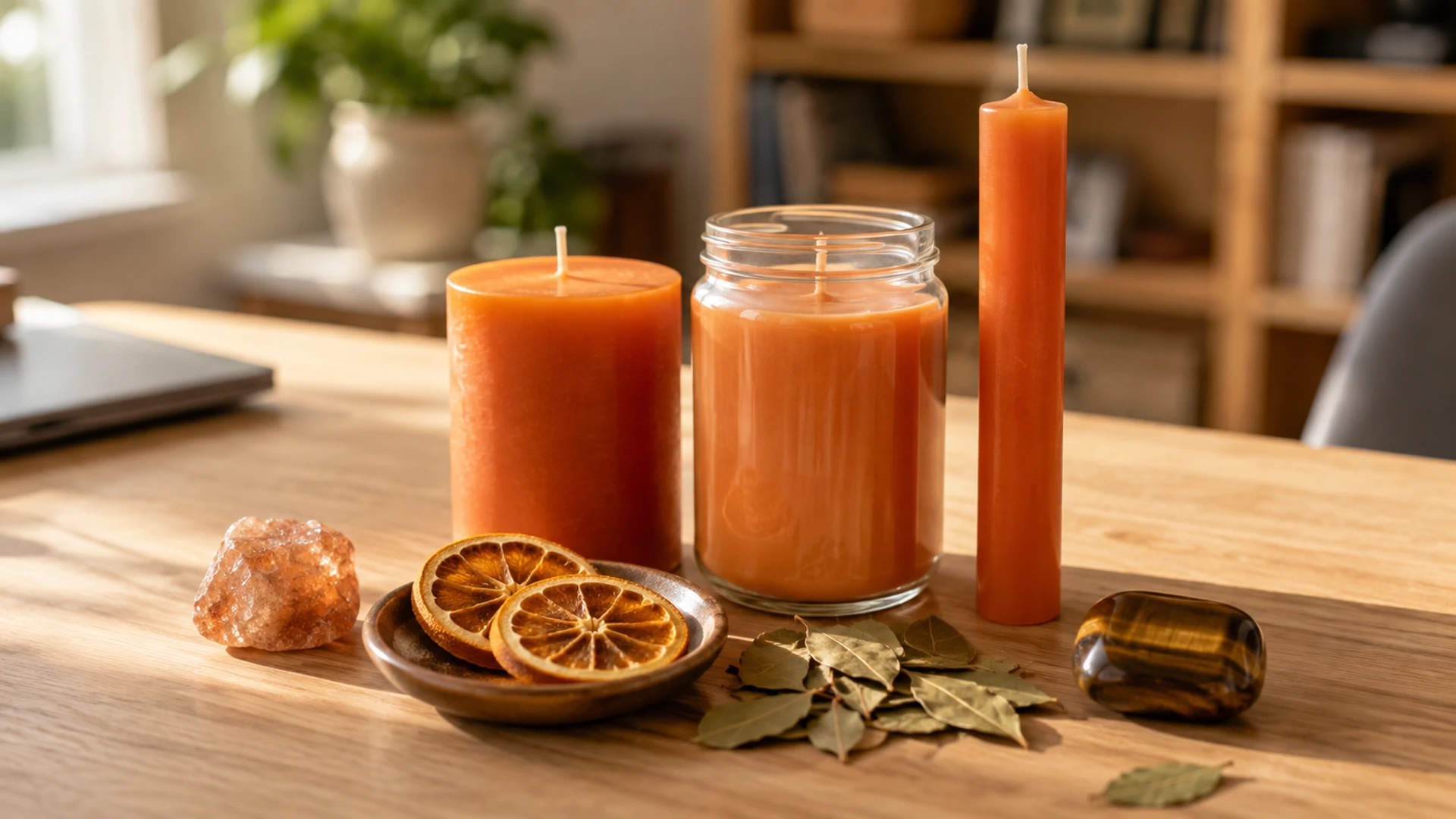 Unlit orange candles with sunstone, tiger's eye, dried orange slices, and bay leaves for orange candle magic