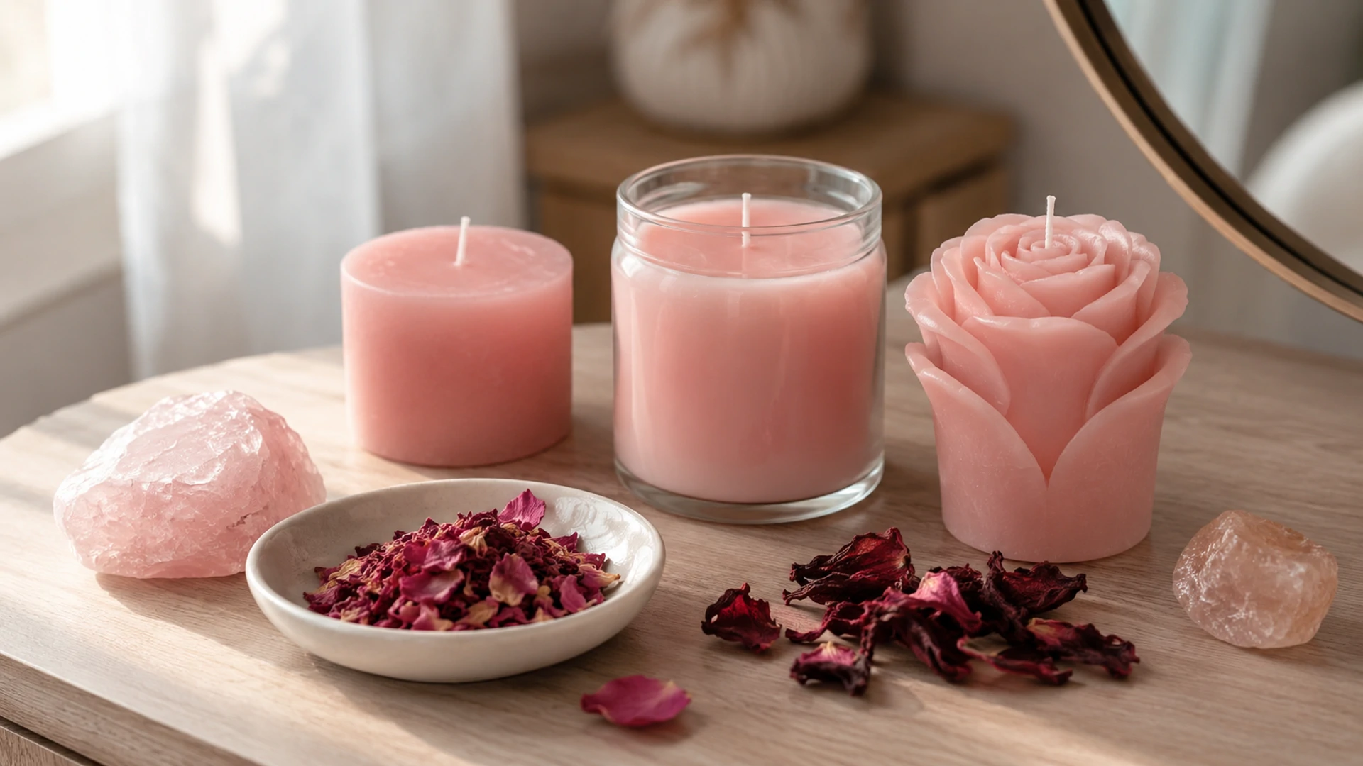 Unlit pink candles with rose quartz, morganite, rose petals, and hibiscus for pink candle magic