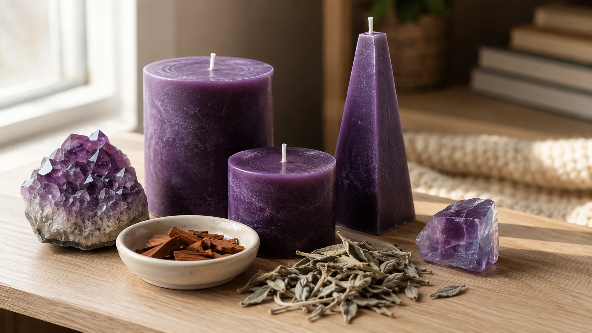 Unlit purple candles with amethyst, purple fluorite, cedarwood, and clary sage for purple candle magic
