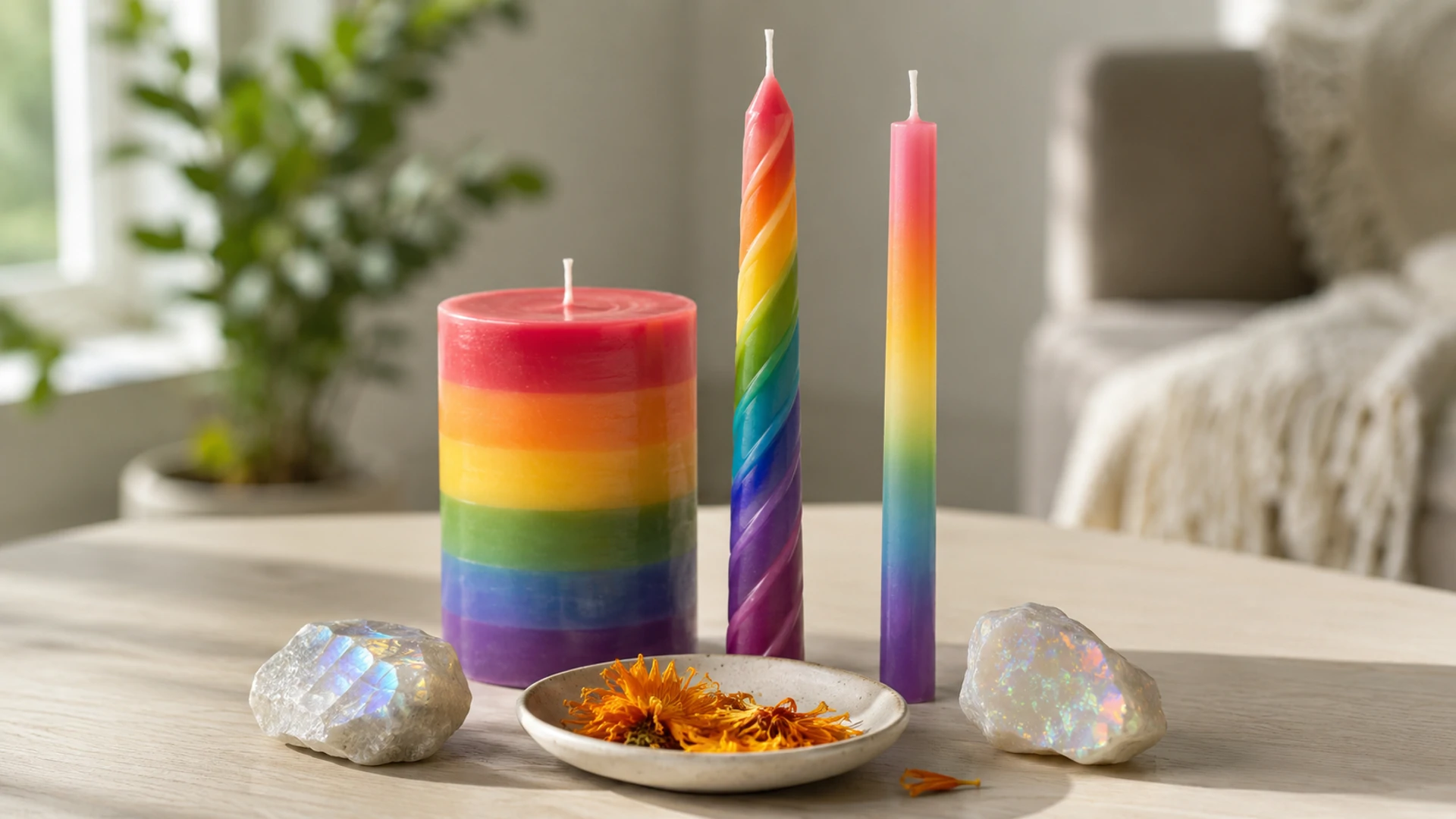 Unlit rainbow candles with rainbow moonstone, opal, and calendula for rainbow candle magic