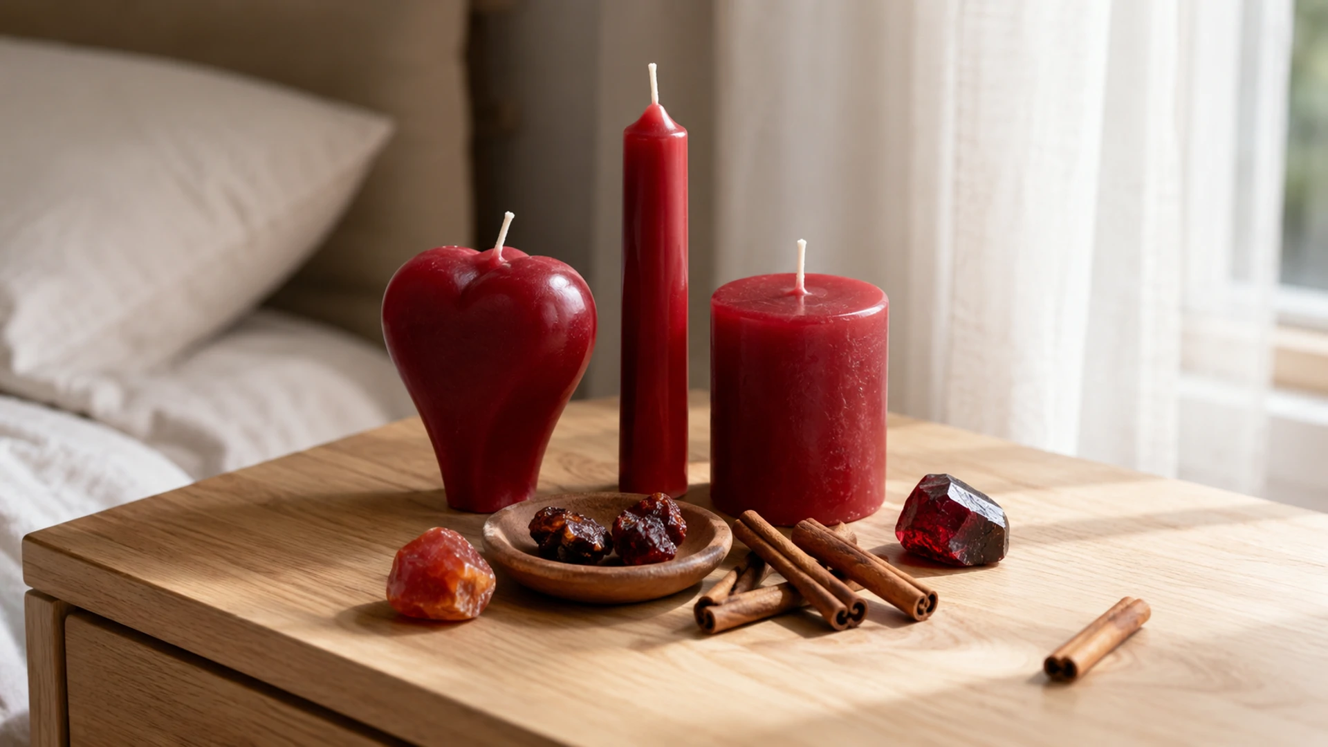 Unlit red candles with carnelian, garnet, cinnamon, and dragon's blood resin for red candle magic
