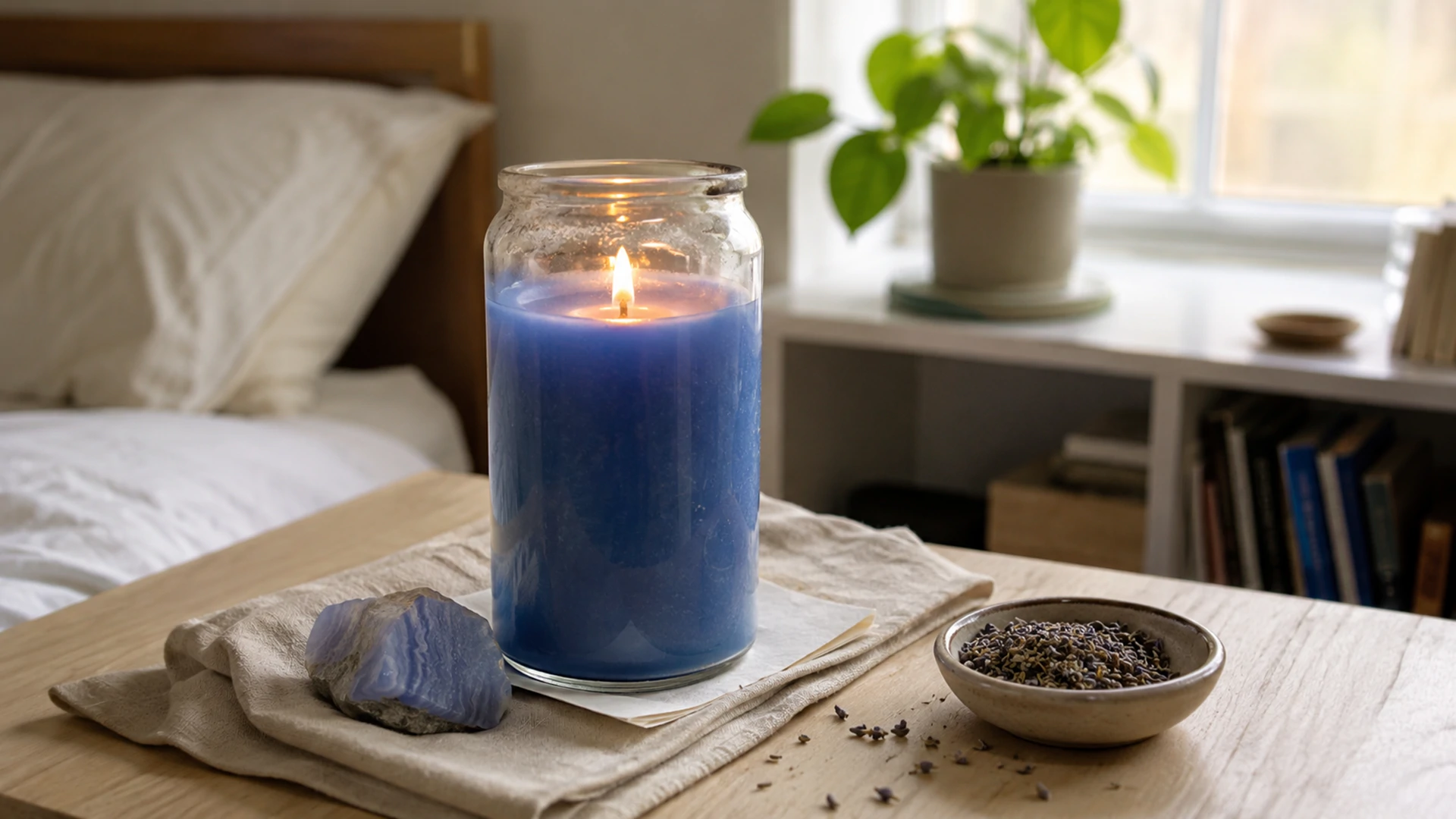 Seven-day candle magic vigil for healing burning in glass on a home bedside table.