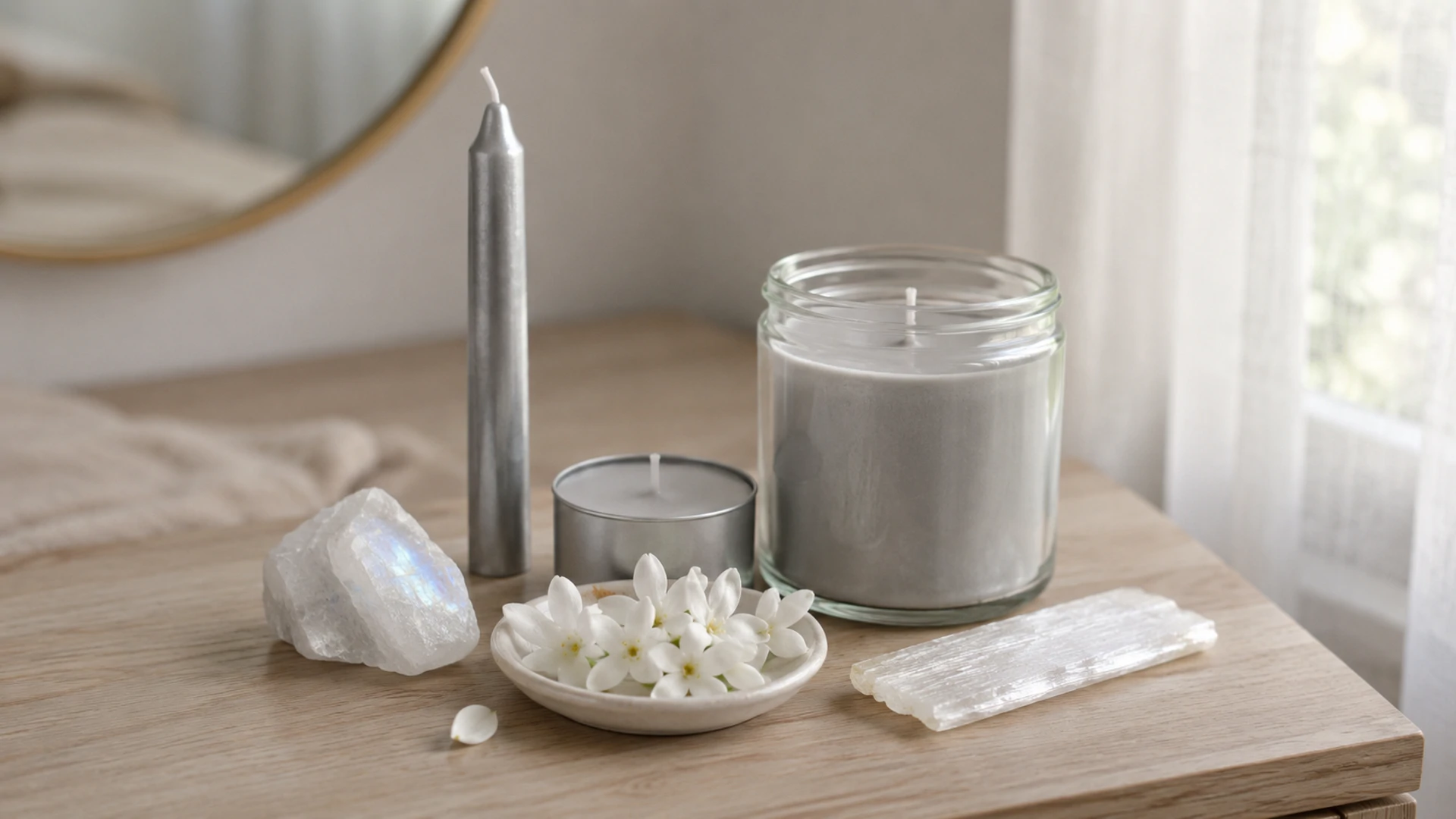 Unlit silver candles with moonstone, selenite, and jasmine flowers for silver candle magic