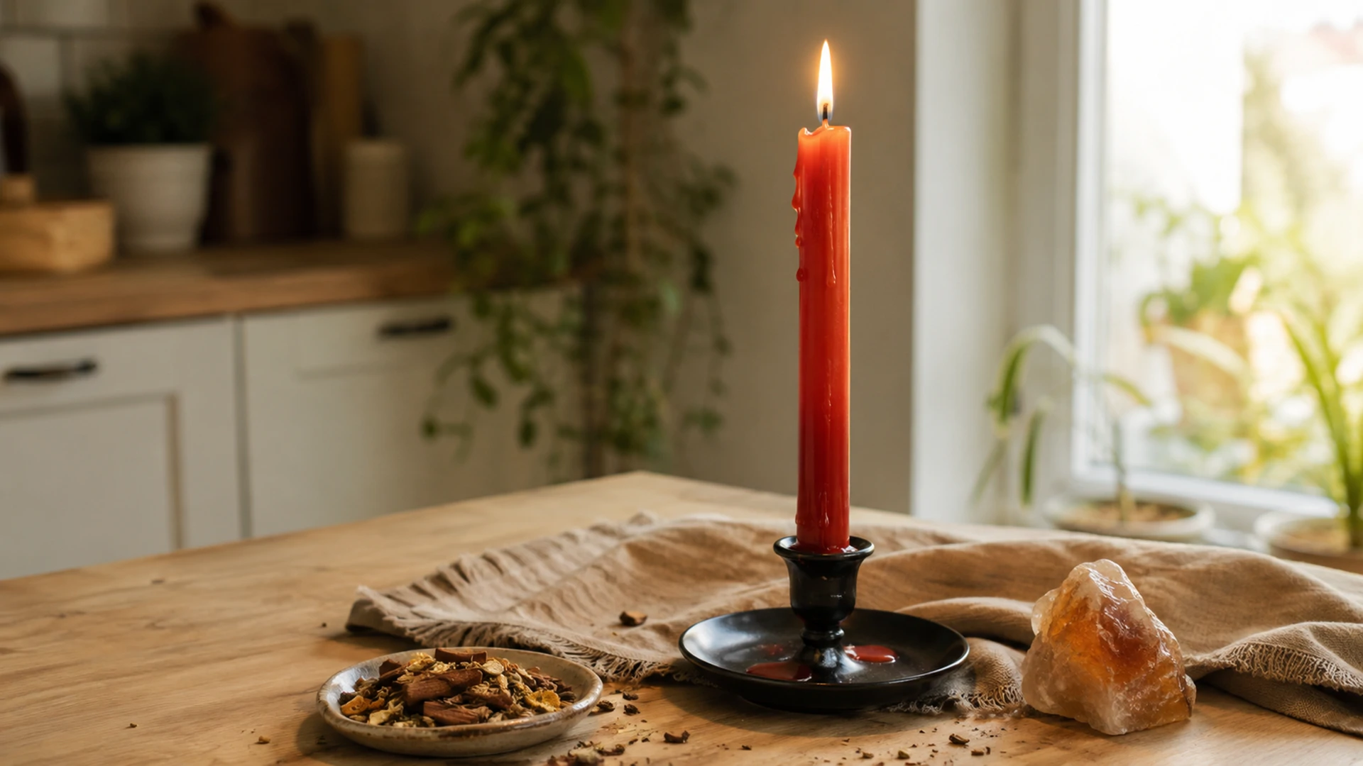 Taper candle magic ritual with dressed red candle, herbs, and crystal in a bright home kitchen setting.