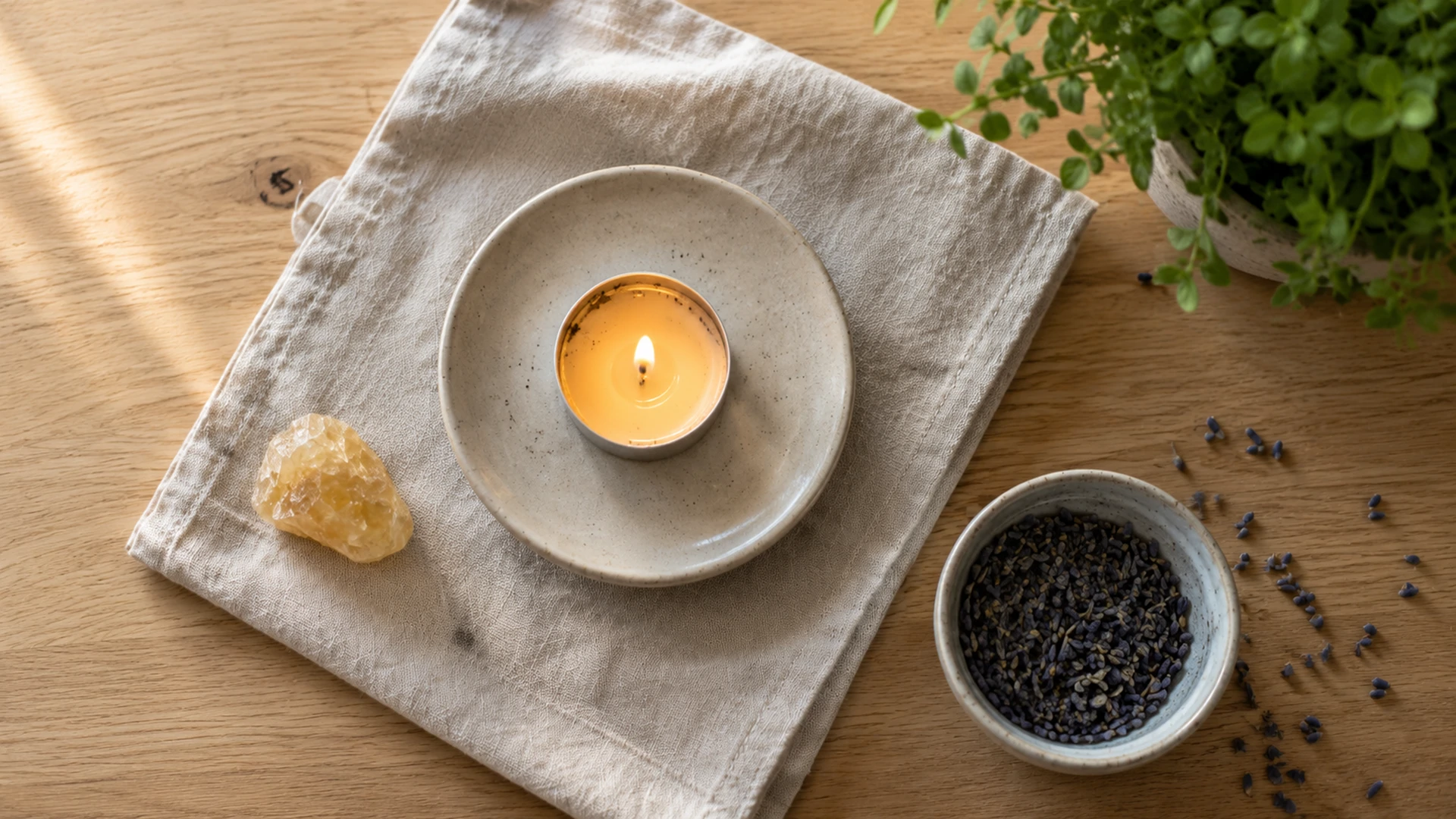 Tealight candle magic ritual for daily practice on a bright home kitchen counter.