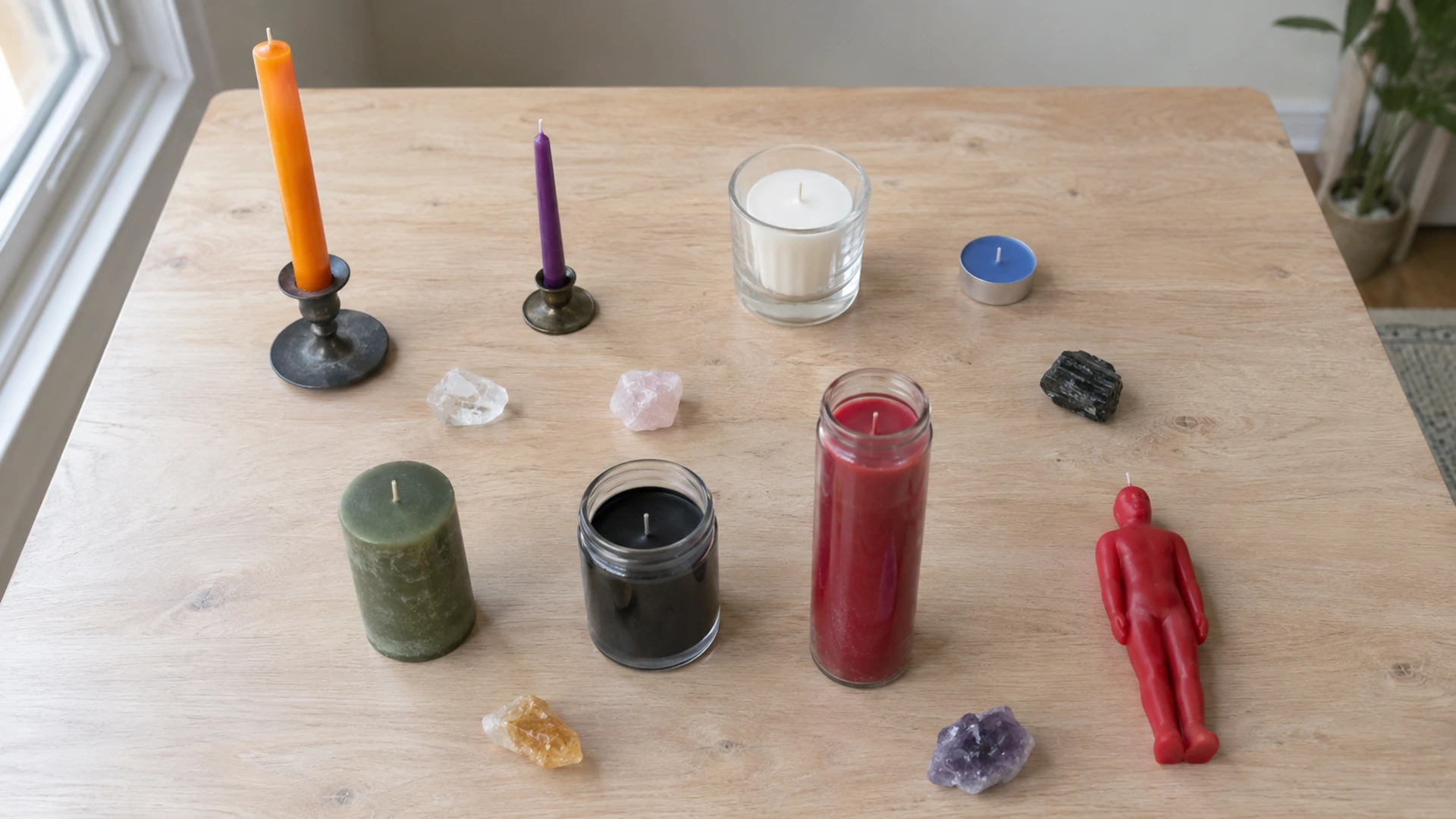 Collection of candle types for magic — taper, chime, votive, tealight, pillar, jar, seven-day, and figural candles displayed unlit.