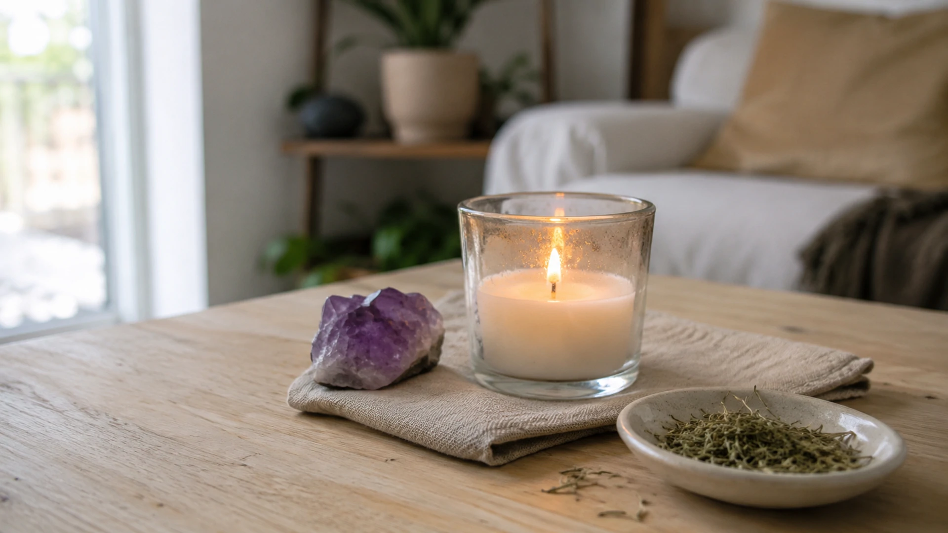 Votive candle magic devotional ritual burning in a glass holder on a home altar.