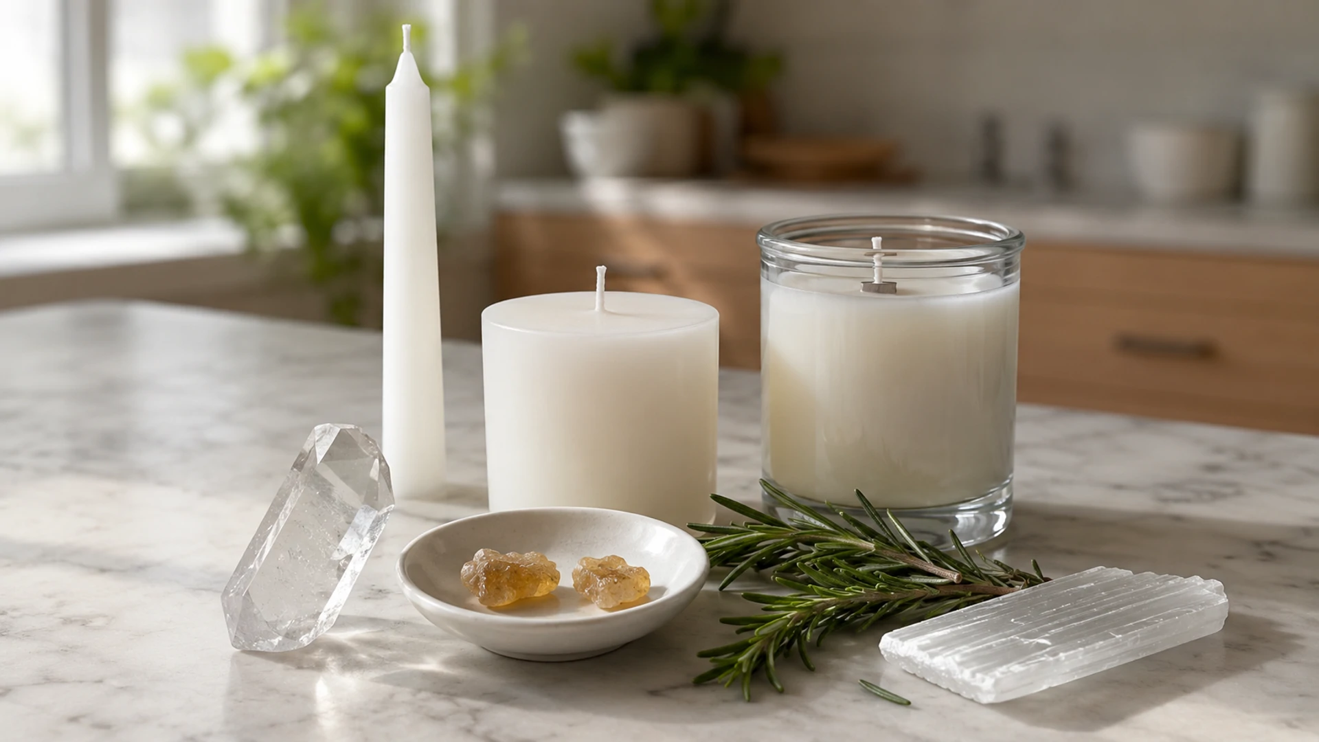 Unlit white candles with clear quartz, selenite, frankincense resin, and rosemary for white candle magic