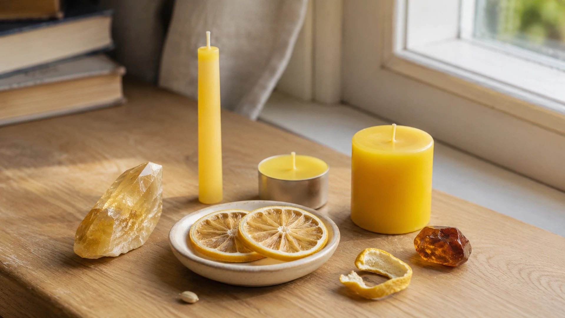 Unlit yellow candles with citrine, amber, dried lemon, and bergamot peel for yellow candle magic