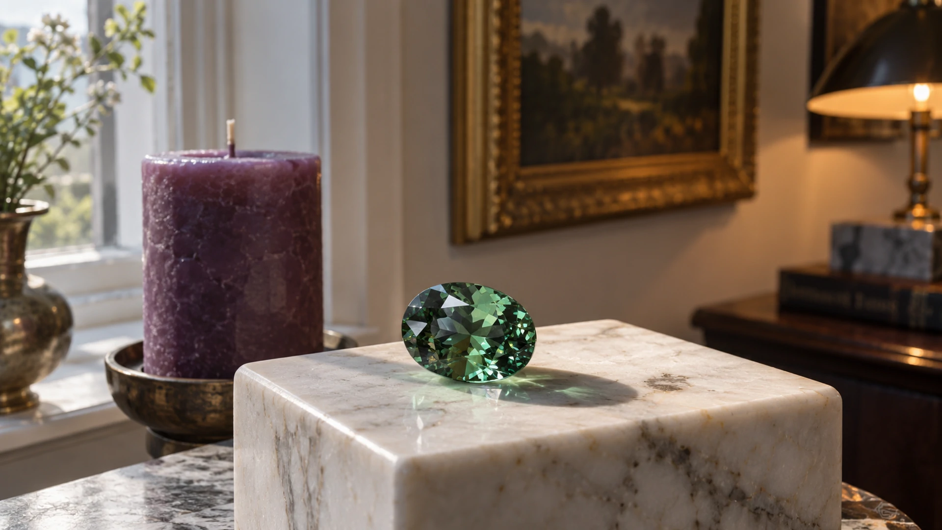 Faceted green alexandrite gem in daylight beside a lit purple candle