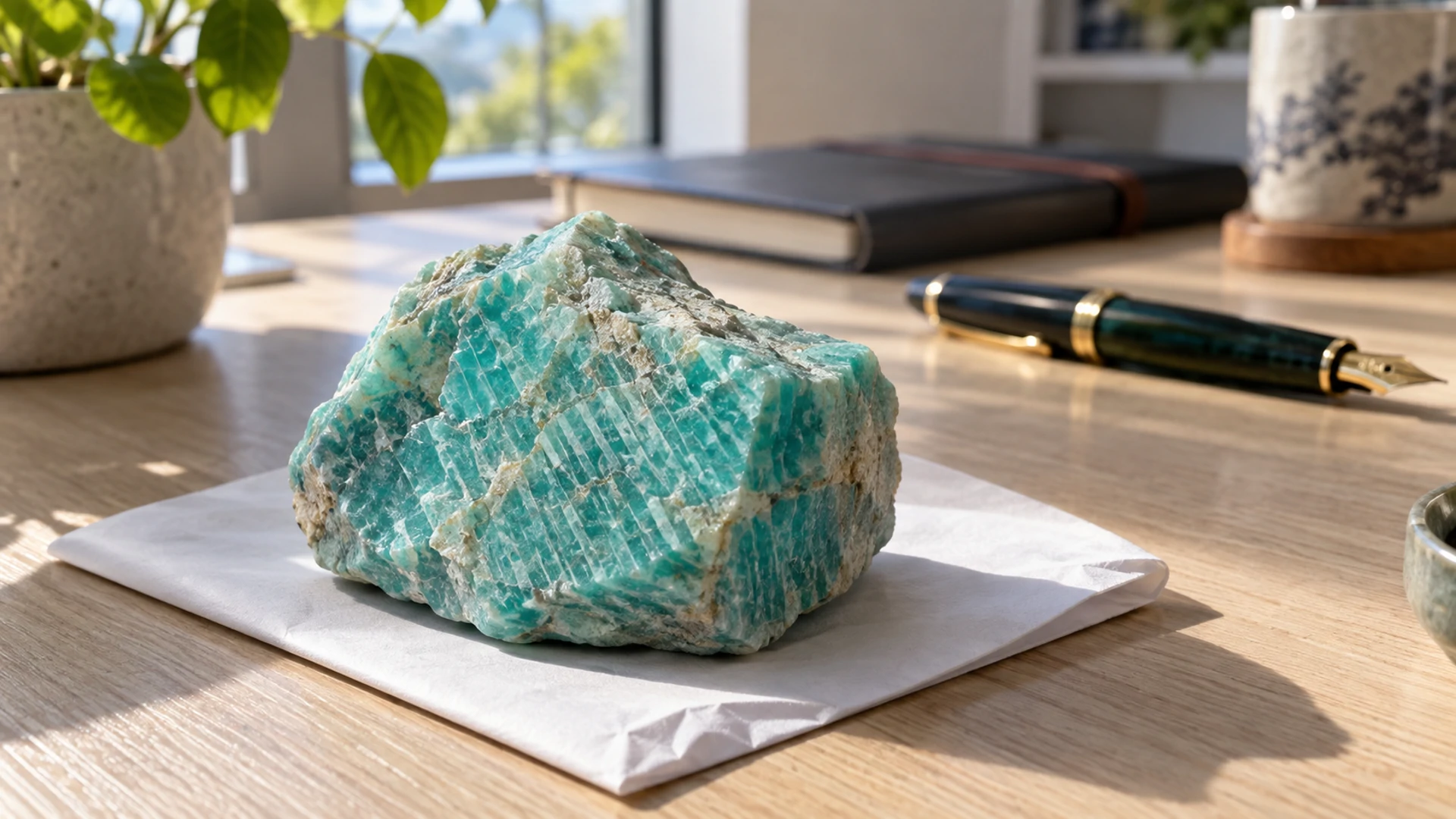 Raw turquoise-green amazonite stone in its natural form resting on a folded piece of paper