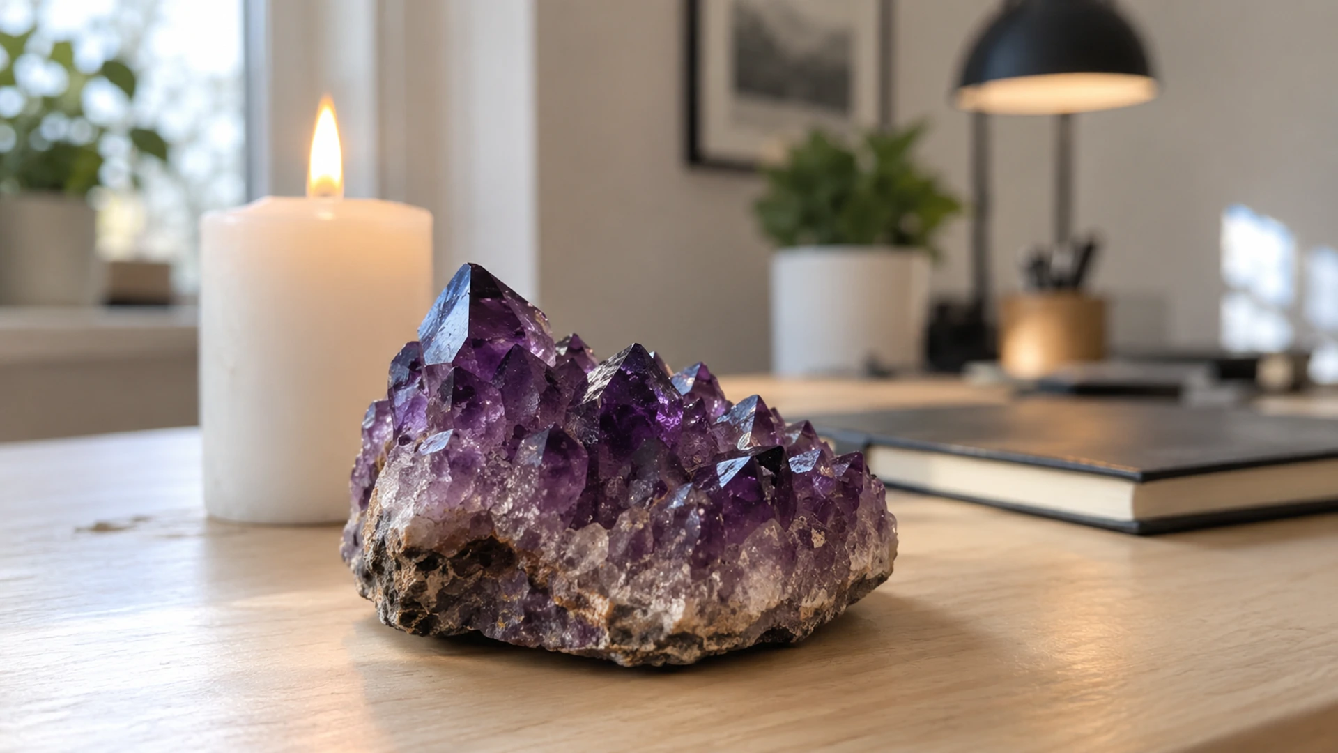 Natural purple amethyst crystal cluster beside a lit white candle on a desk