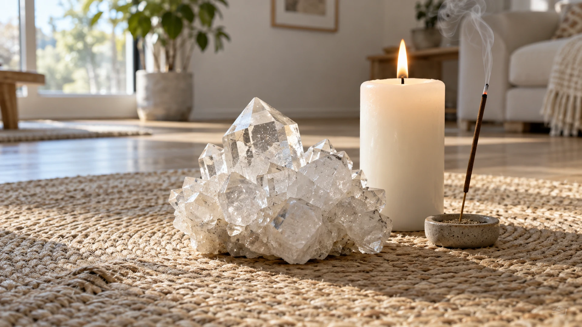 Natural clear apophyllite pyramid cluster beside a lit white candle and burning incense