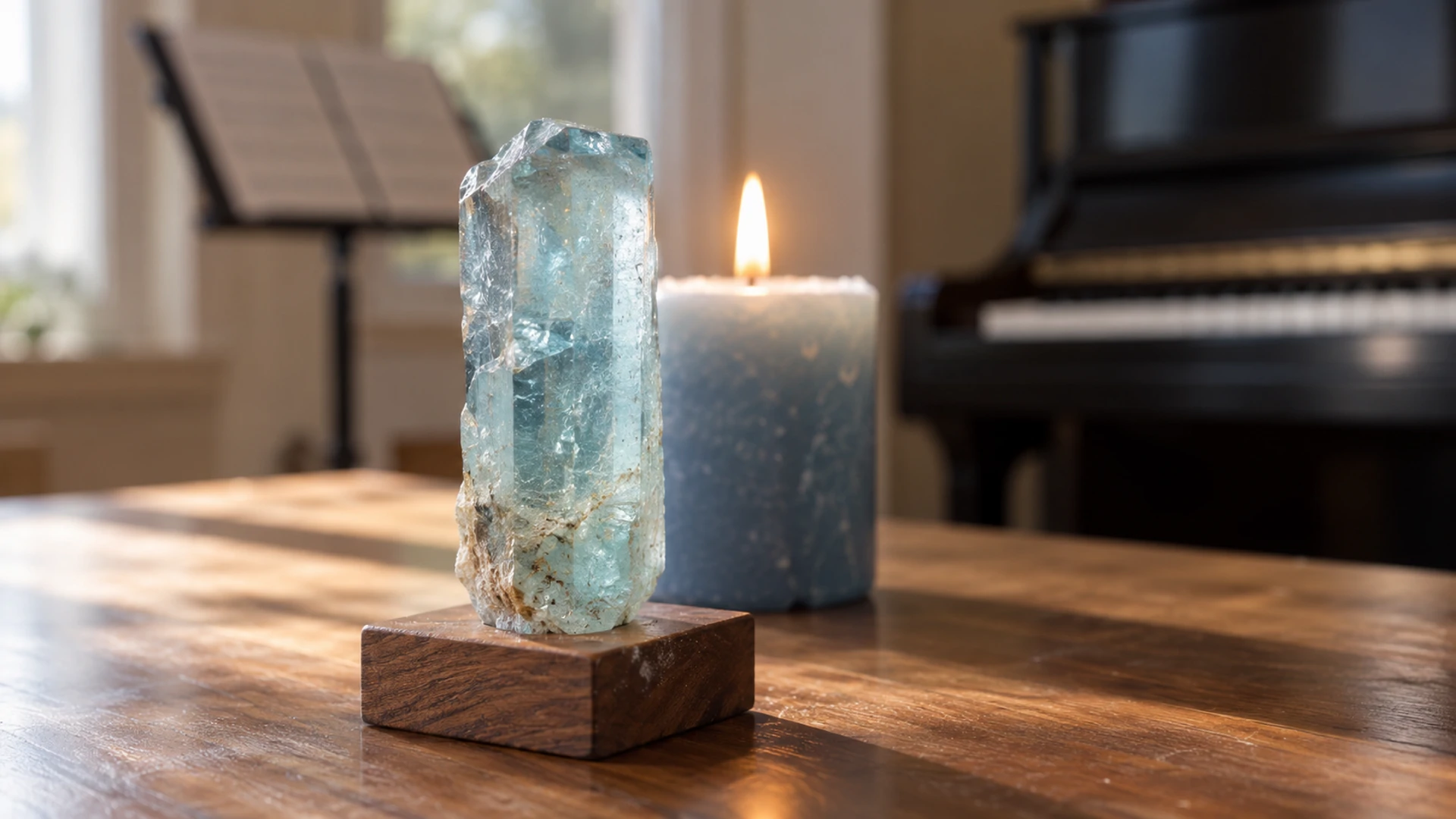 Raw pale blue aquamarine crystal in its natural hexagonal form beside a lit blue candle