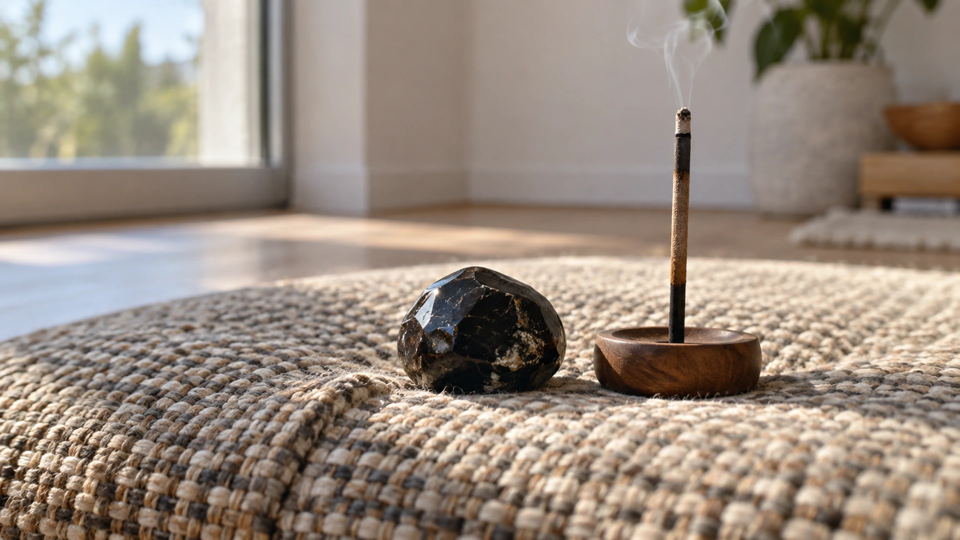 Dark glossy melanite stone resting on a floor cushion beside frankincense incense