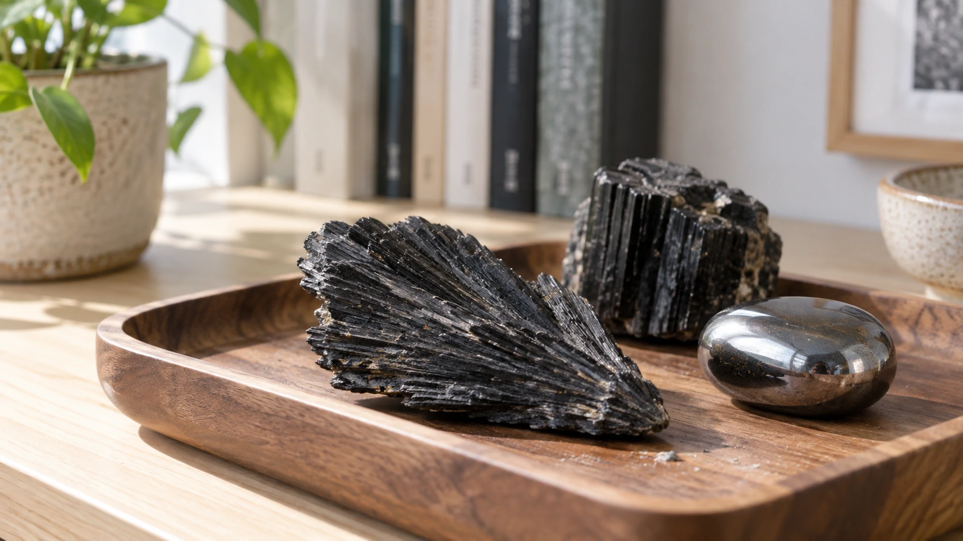 Dark blade-shaped black kyanite resting on a tray with black tourmaline and hematite