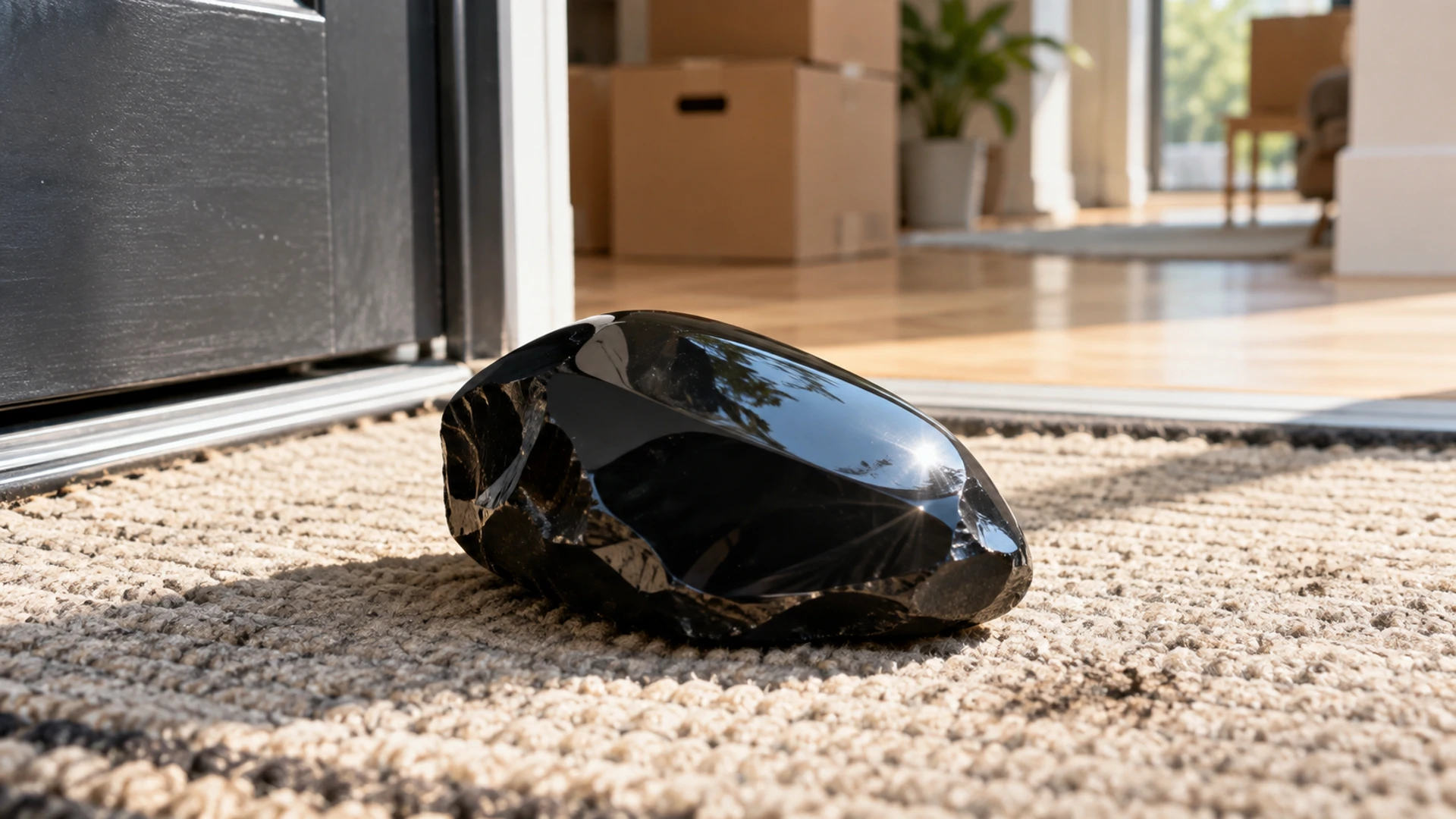 Polished black obsidian stone resting on a bright modern front door threshold