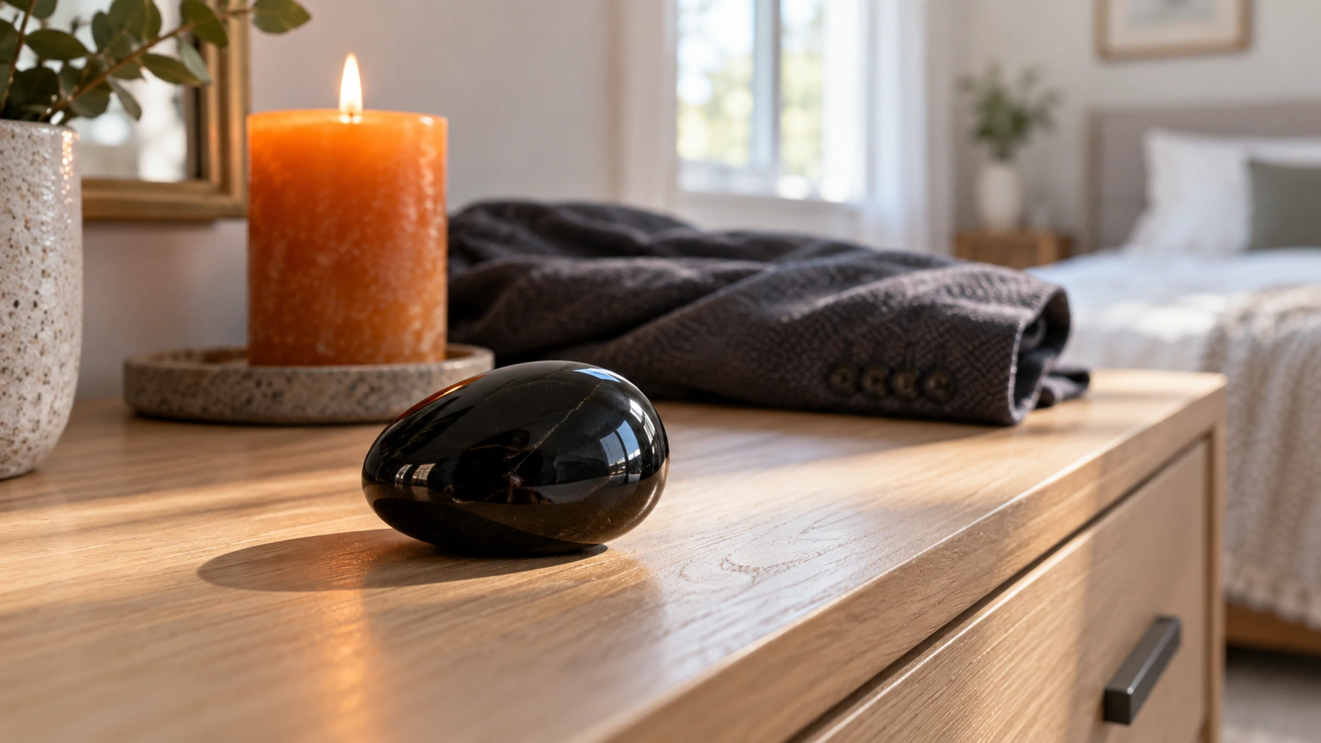 Black onyx stone next to a lit orange candle on a modern bedroom dresser