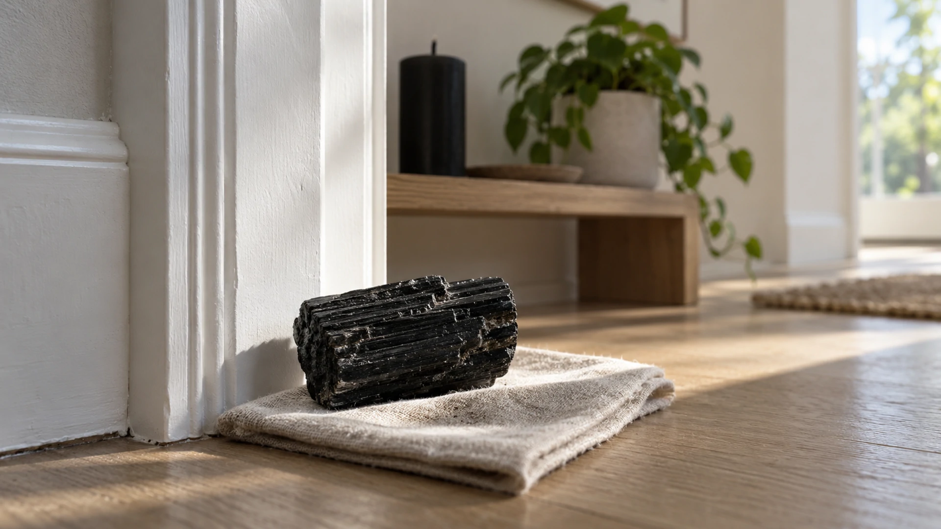 Raw black tourmaline stone placed at a bright modern home entryway threshold