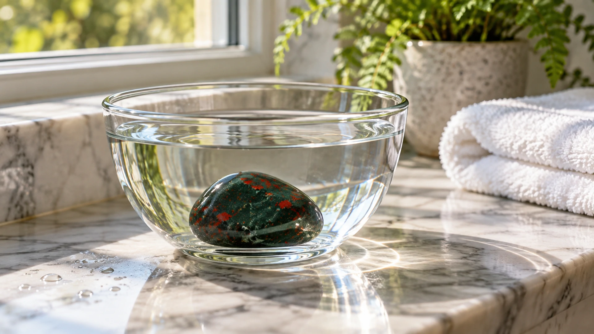 Tumbled dark green bloodstone with red flecks submerged in a glass bowl of water
