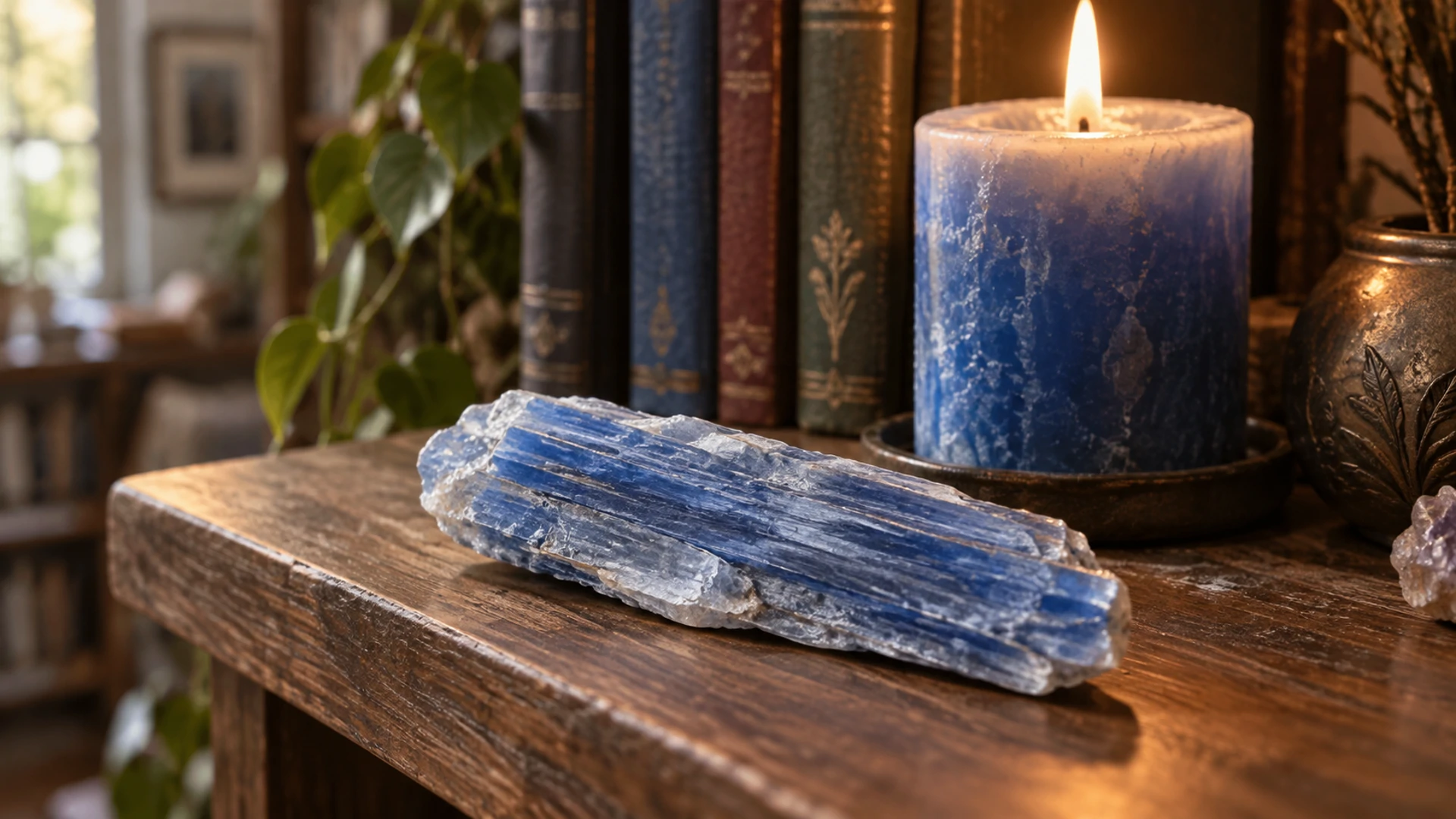 Raw blue kyanite crystal blade in its natural form beside a lit blue candle
