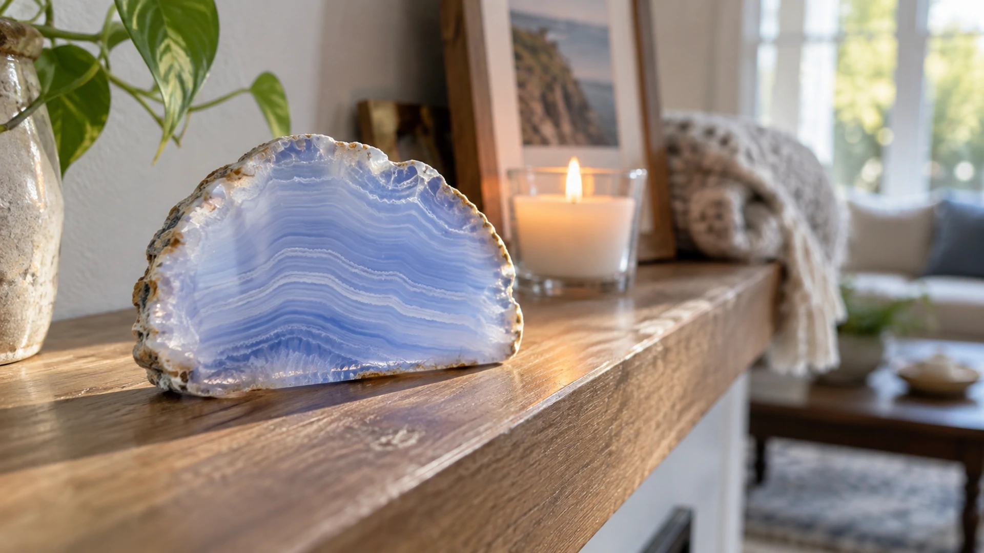 Polished pale blue and white banded blue lace agate slice beside a lit tealight candle