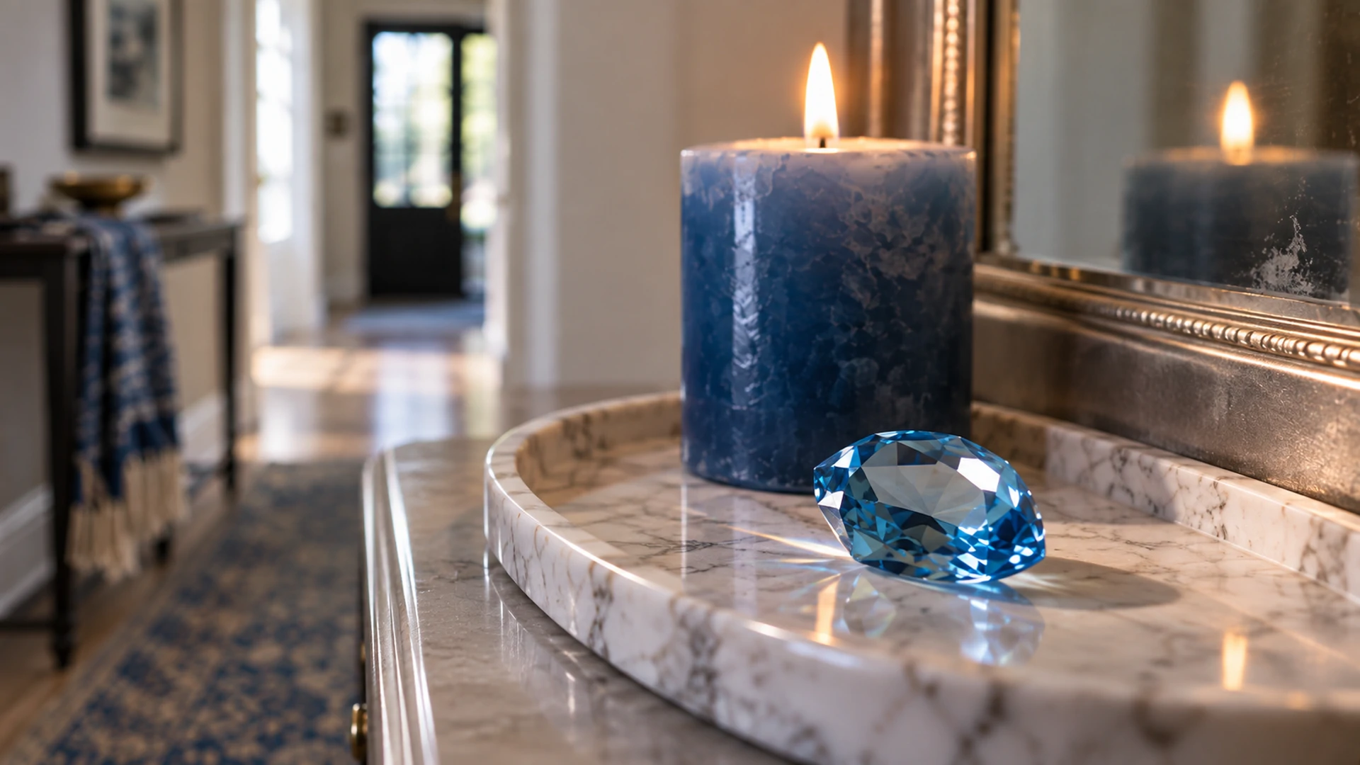 Faceted medium blue topaz gem beside a lit blue candle near a mirror
