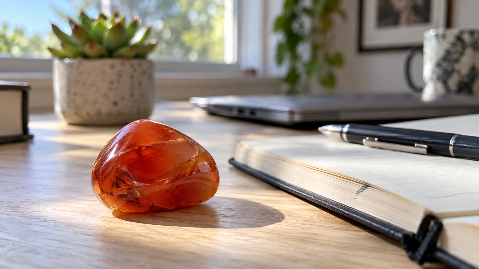 Tumbled orange-red carnelian stone resting beside an open notebook on a desk