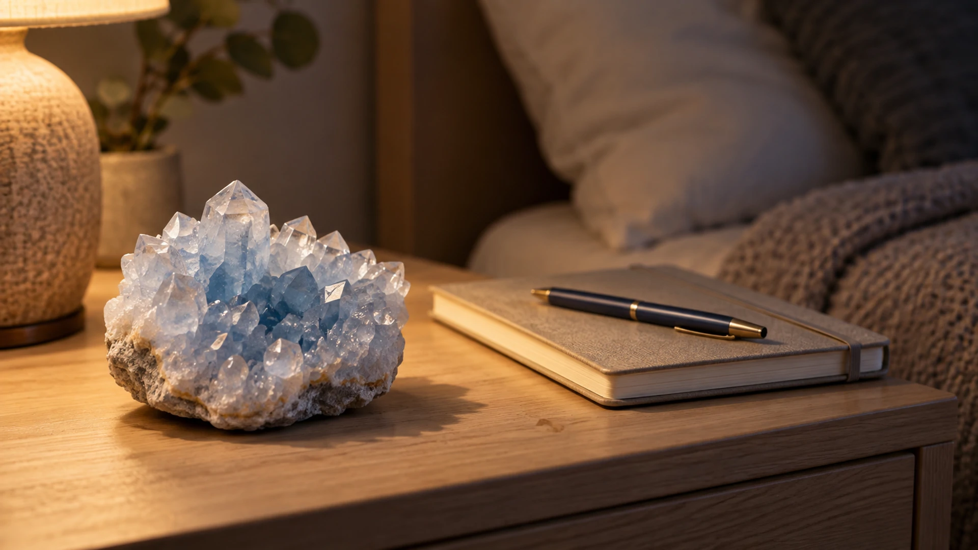 Natural pale blue celestite crystal cluster beside a notebook on a bedside table