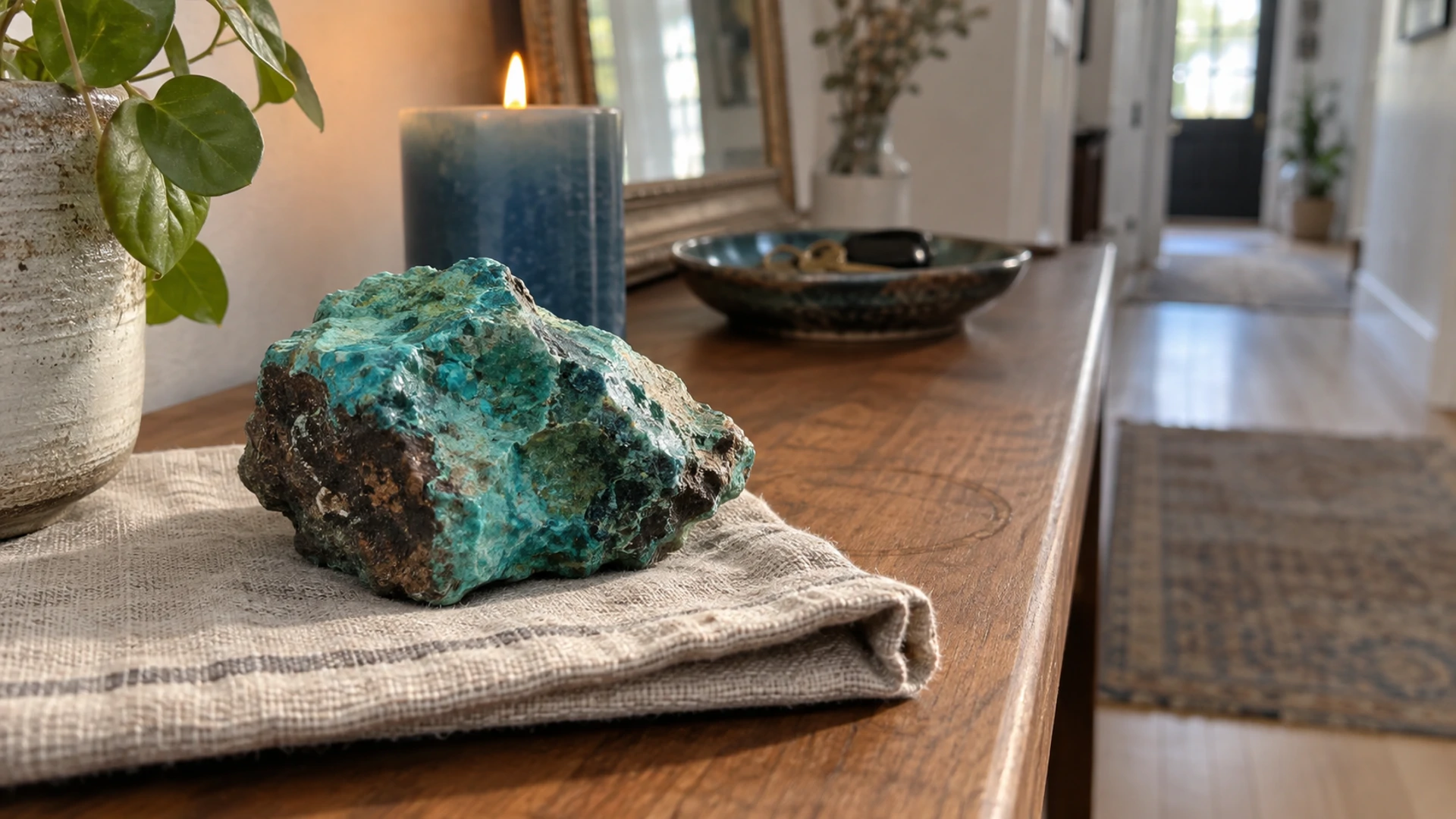 Raw blue-green chrysocolla stone with natural matrix beside a lit blue candle
