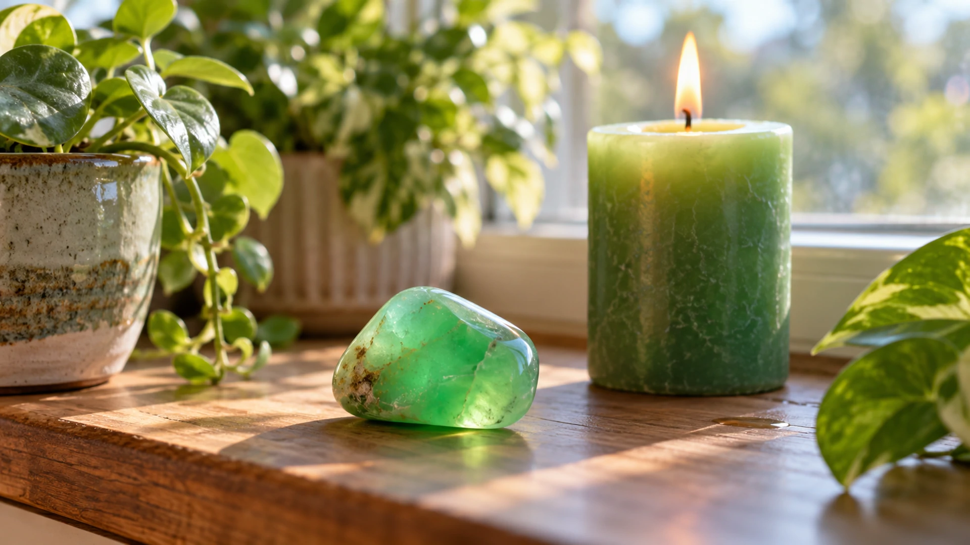 Tumbled apple-green chrysoprase stone beside a lit green candle among houseplants