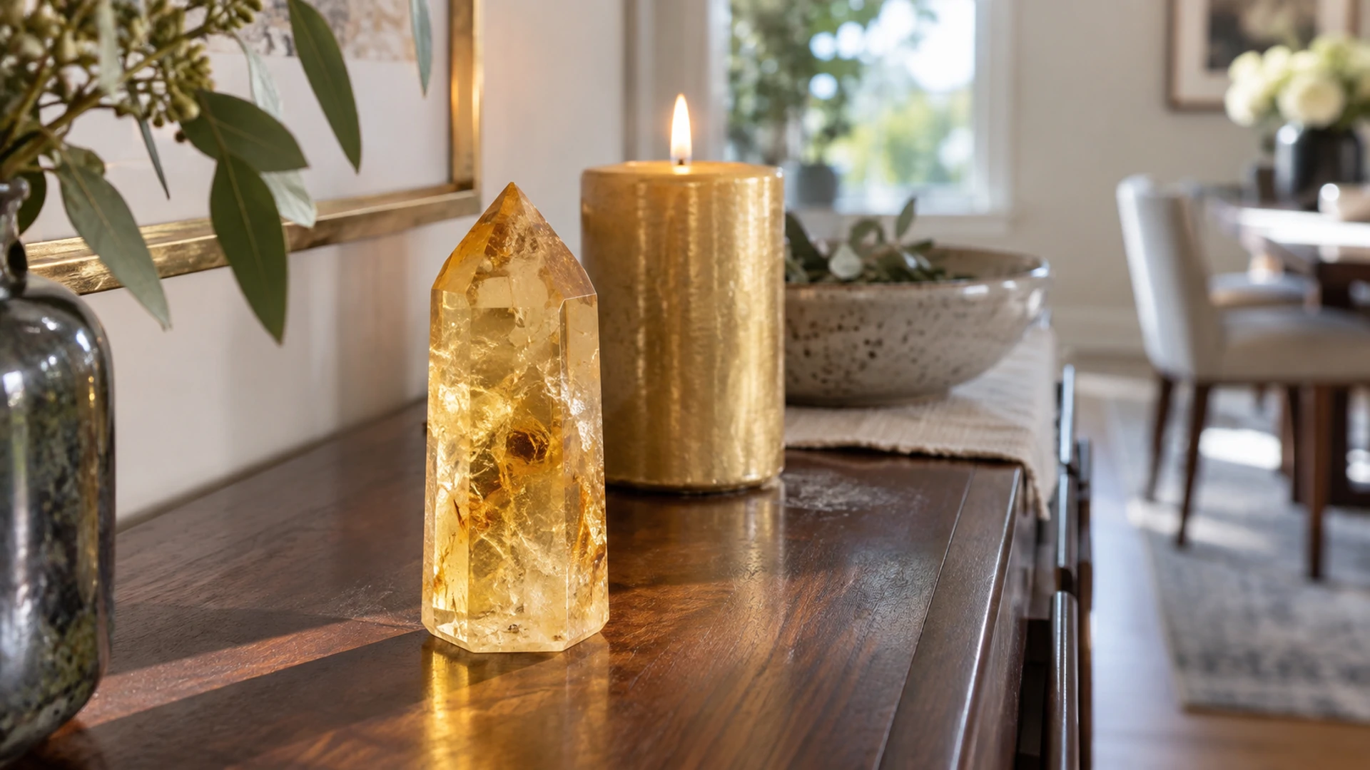 Polished golden-orange citrine crystal point beside a lit gold candle