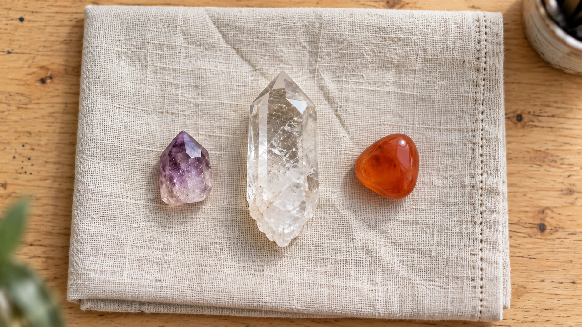 Clear quartz crystal point at the center of a crystal grid with carnelian and amethyst