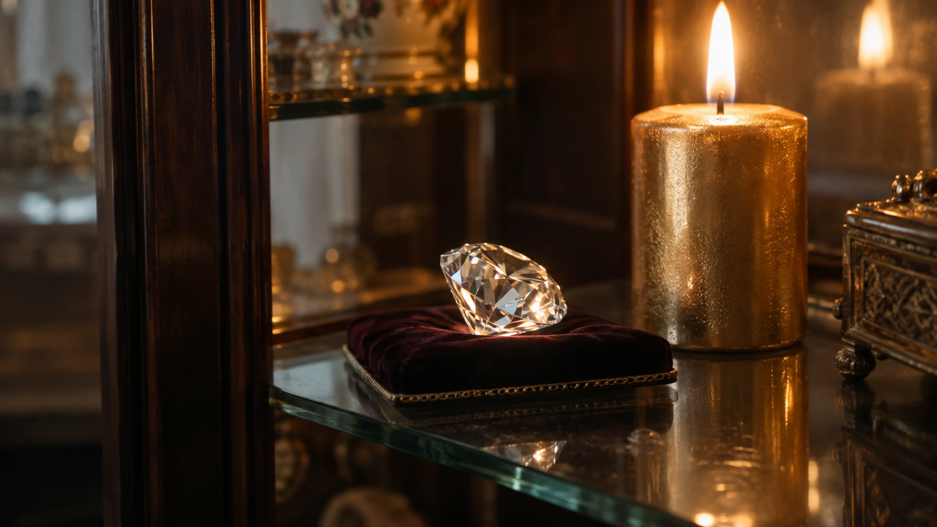 Faceted clear diamond beside a lit gold candle inside a glass display cabinet
