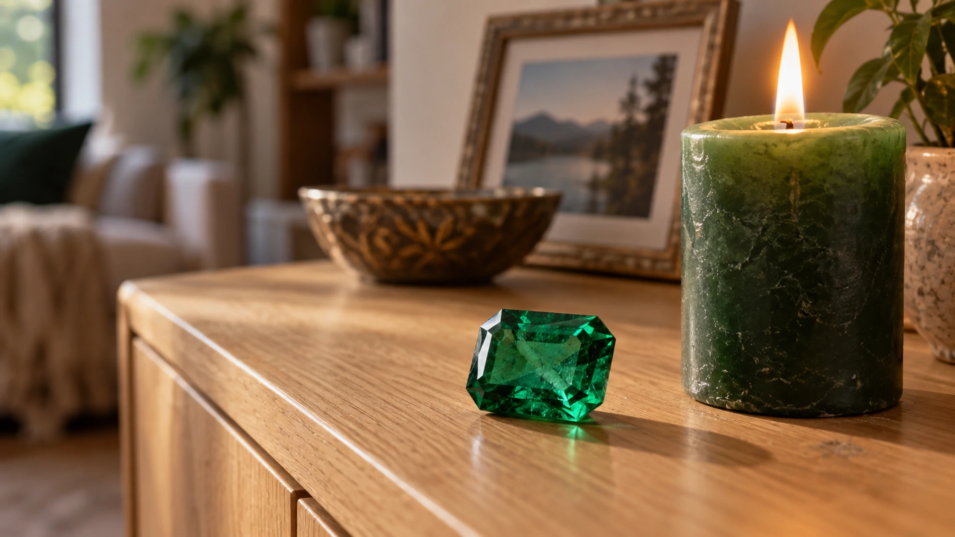 Faceted deep green emerald gem beside a lit green candle