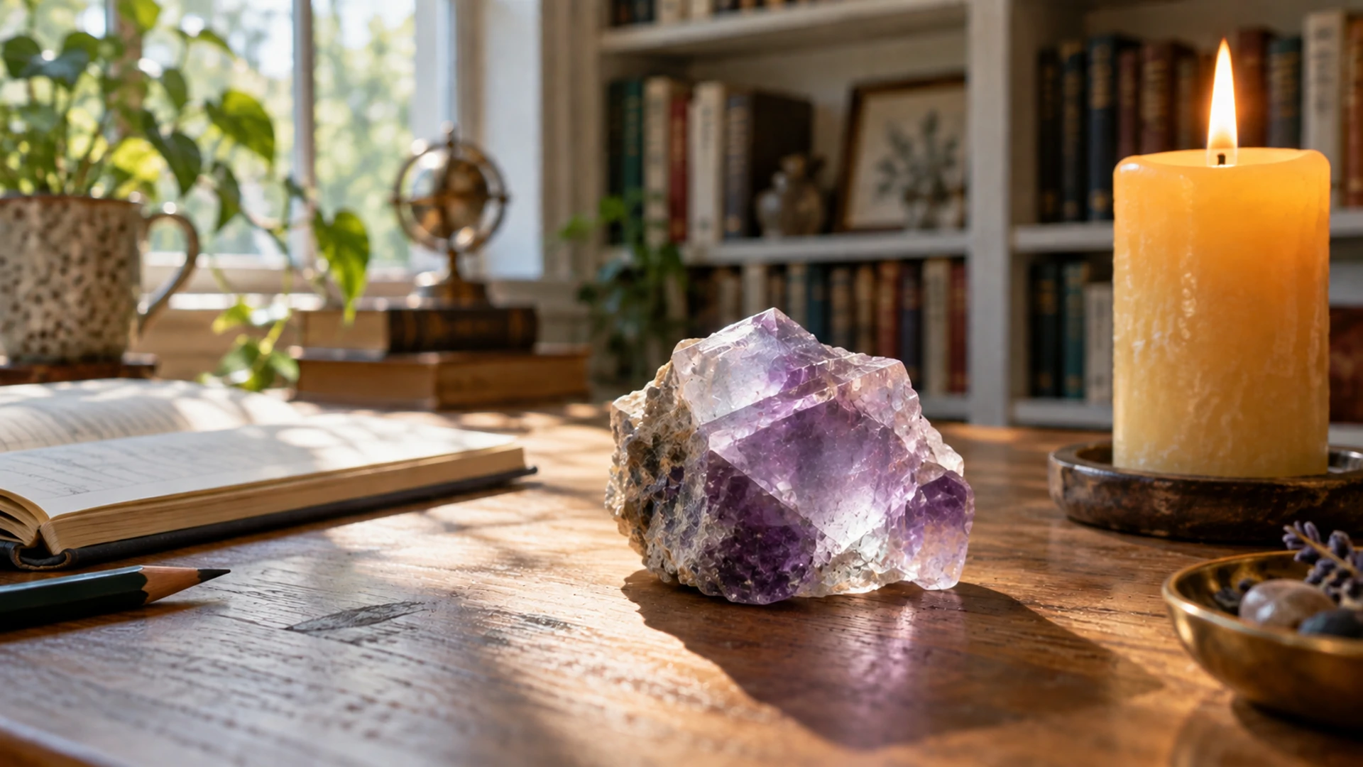 Raw purple fluorite crystal resting beside a lit yellow candle in a home library
