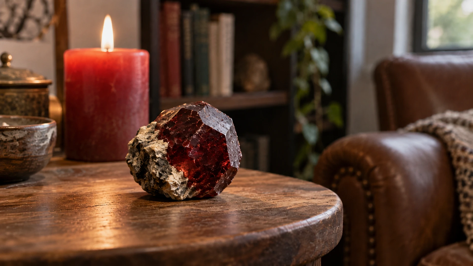 Raw deep red garnet crystal in its natural form beside a lit red candle