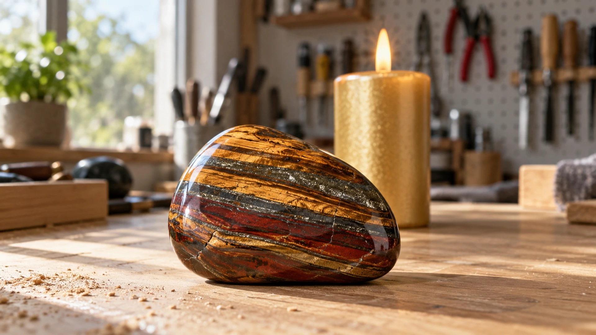 Polished banded golden tiger iron stone beside a lit gold candle on a workbench