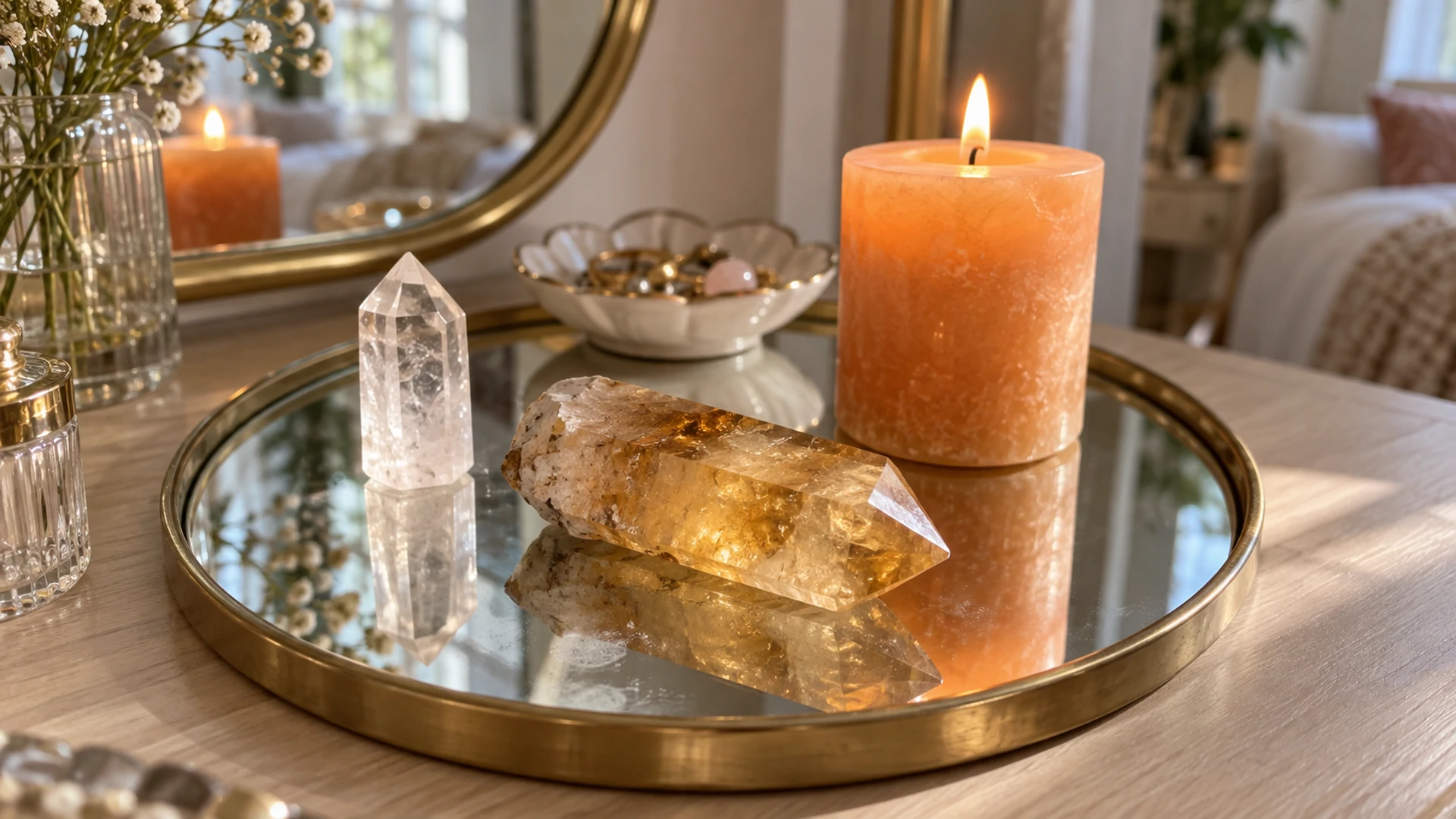 Natural golden healer quartz crystal point beside a clear quartz point and a lit orange candle