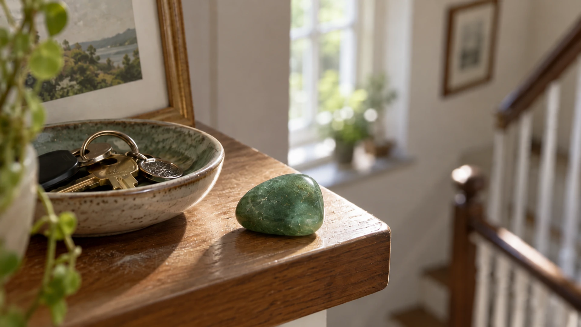 Tumbled shimmering green aventurine stone beside a small dish of keys on a shelf