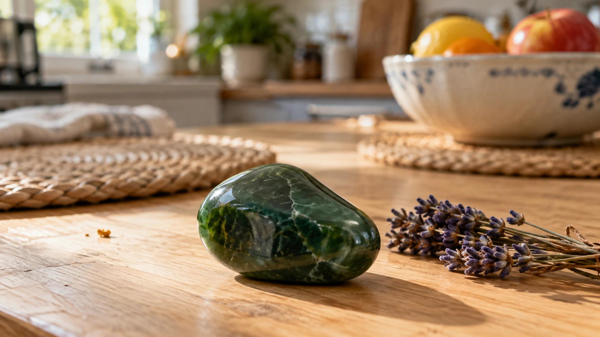 Polished deep green jade stone beside a small bundle of dried lavender on a kitchen table