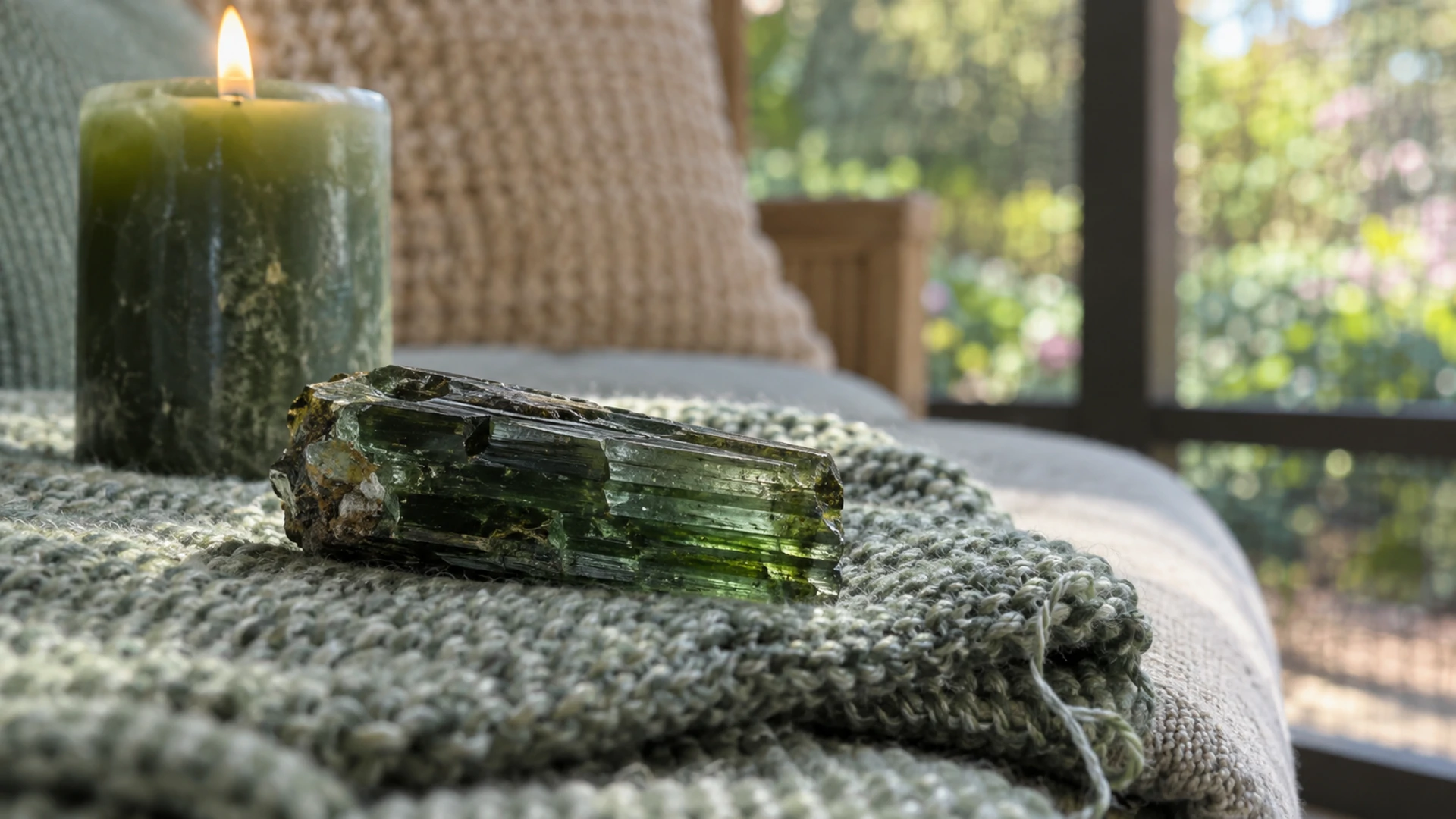 Raw green tourmaline crystal in its natural striated form beside a lit green candle